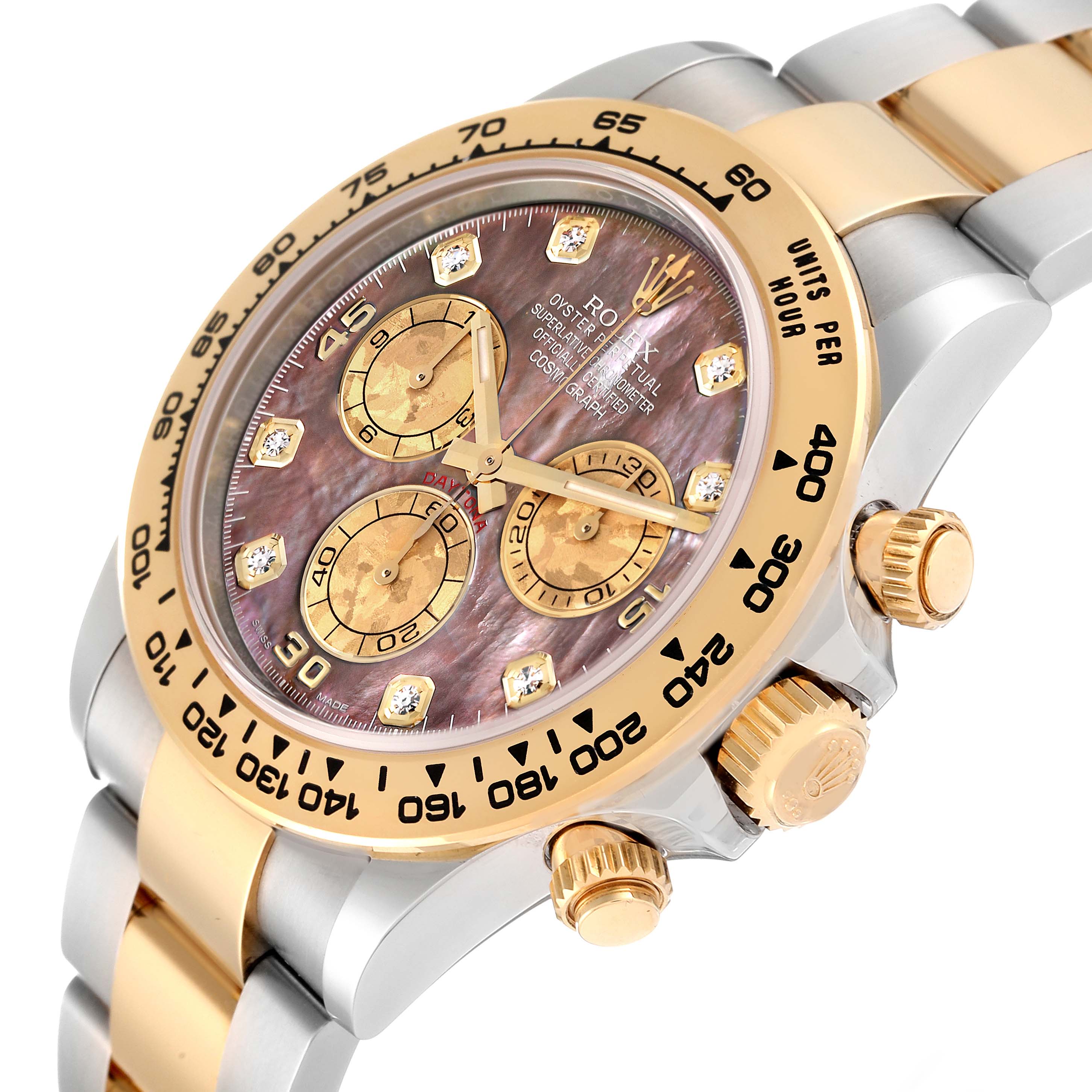 The image shows a close-up of the Rolex Daytona 116503 Men's Steel and Gold (two tone) Mother of Pearl Dial 116503 Men's Steel and Gold (two tone) Mother of Pearl Dial watch face, bezel, crown, and part of its stainless steel and gold bracelet.