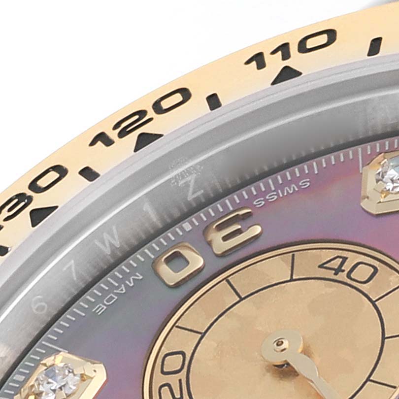 The image shows a close-up of the bezel, dial, and indices of a Rolex Daytona 116503 Men's Steel and Gold (two tone) Mother of Pearl Dial 116503 Men's Steel and Gold (two tone) Mother of Pearl Dial watch.