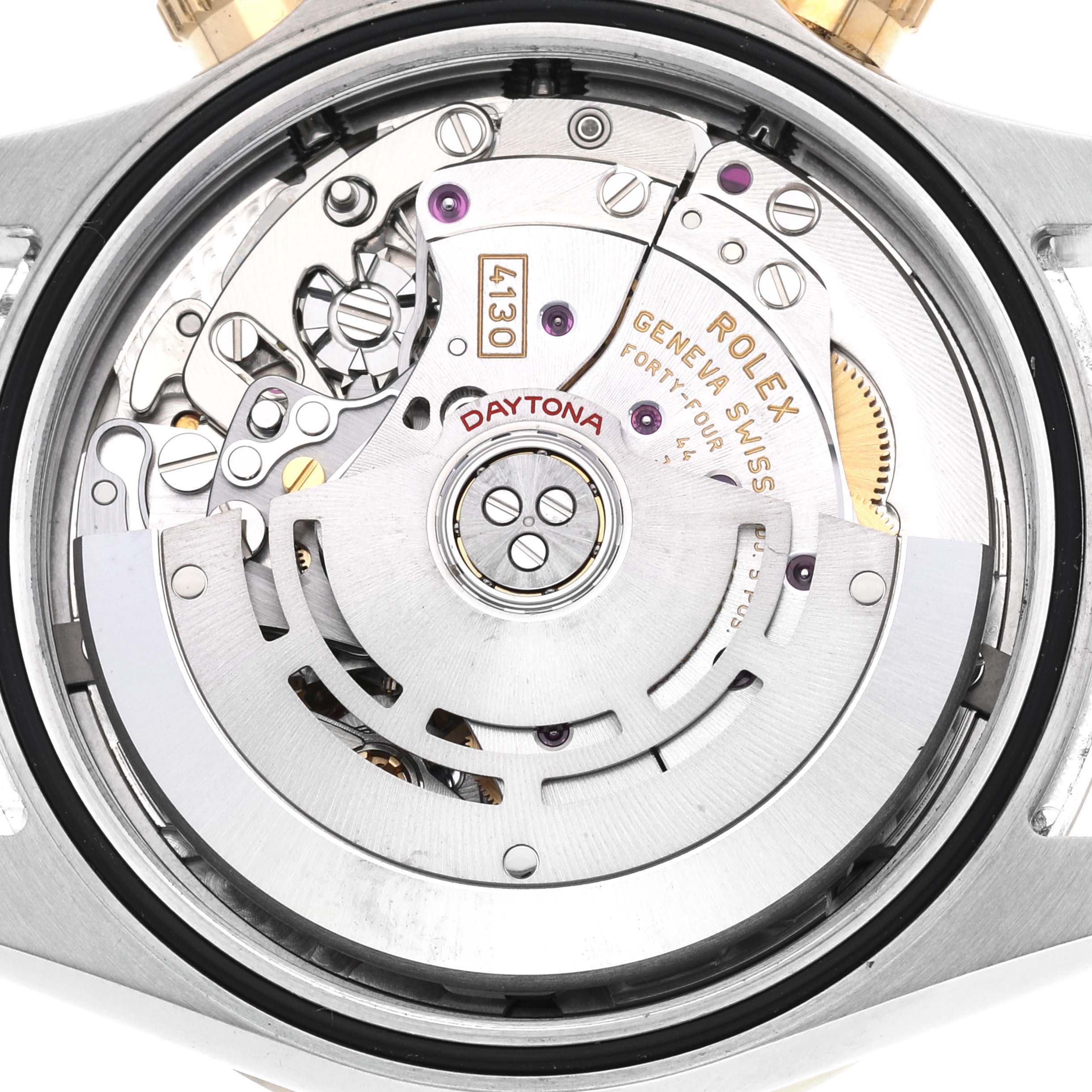 The image shows the internal mechanics and movement parts of a Rolex Daytona 116503 Men's Steel and Gold (two tone) Mother of Pearl Dial 116503 Men's Steel and Gold (two tone) Mother of Pearl Dial watch, viewed from the back case.