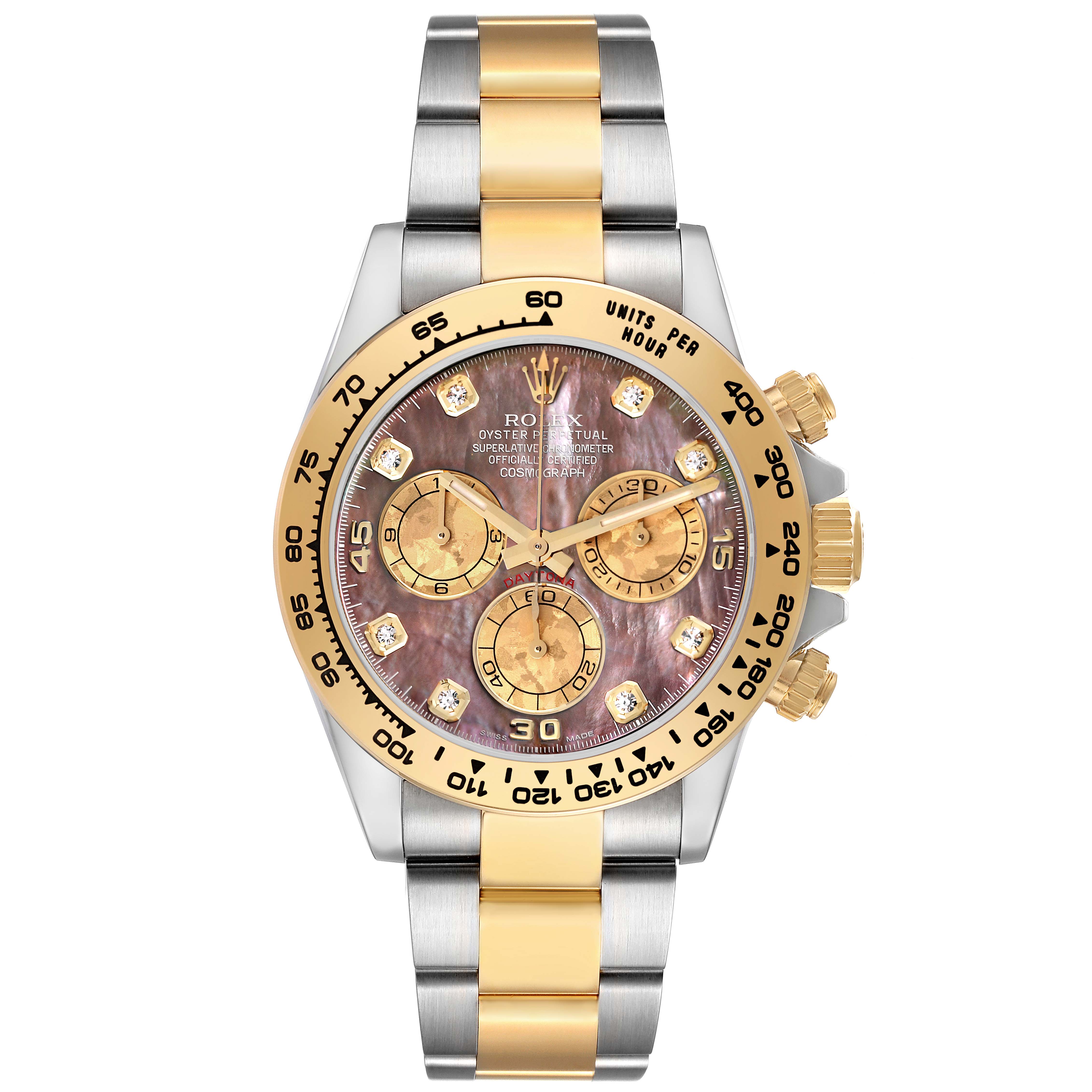 The image shows a front view of the Rolex Daytona 116503 Men's Steel and Gold (two tone) Mother of Pearl Dial 116503 Men's Steel and Gold (two tone) Mother of Pearl Dial watch, highlighting its bezel, dial, subdials, and two-tone bracelet.