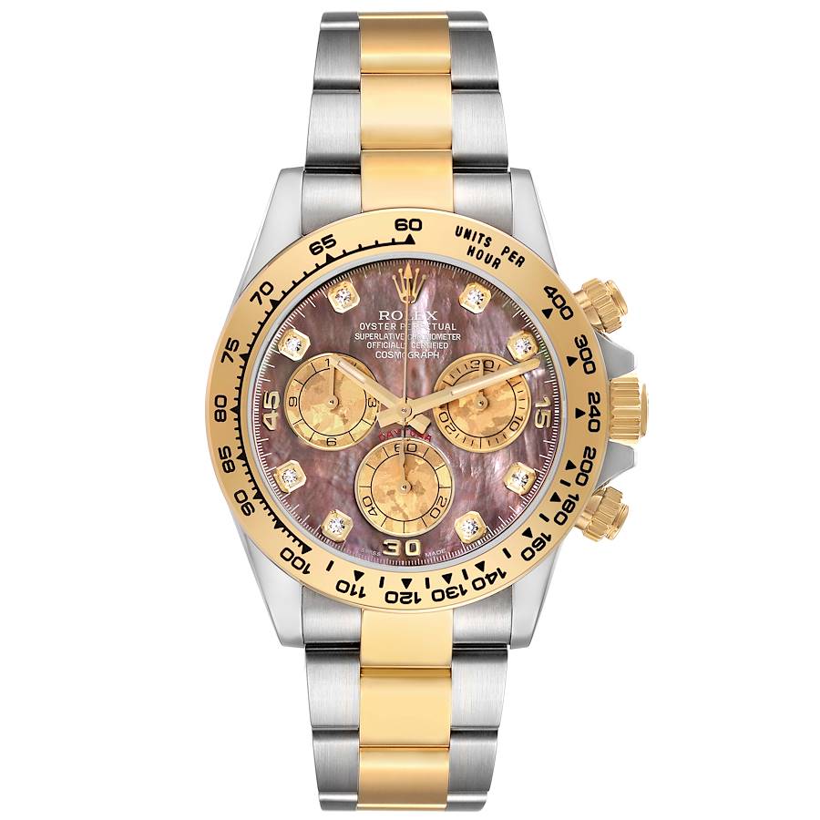 The image shows a front view of the Rolex Daytona watch, highlighting its bezel, dial, subdials, and two-tone bracelet.