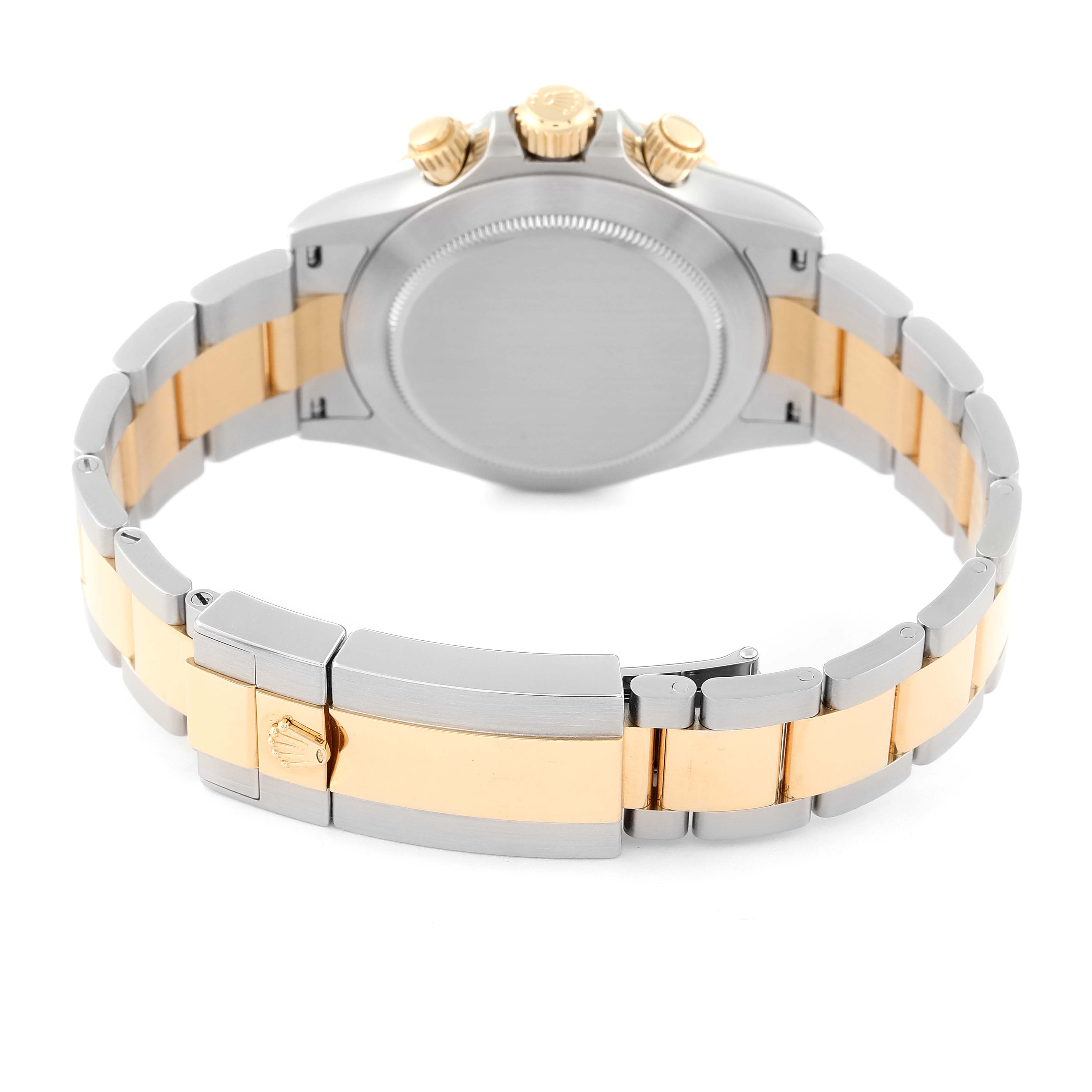 The image shows the back view of a Rolex Daytona 116503 Men's Steel and Gold (two tone) Mother of Pearl Dial 116503 Men's Steel and Gold (two tone) Mother of Pearl Dial watch, highlighting the bracelet, clasp, and caseback.