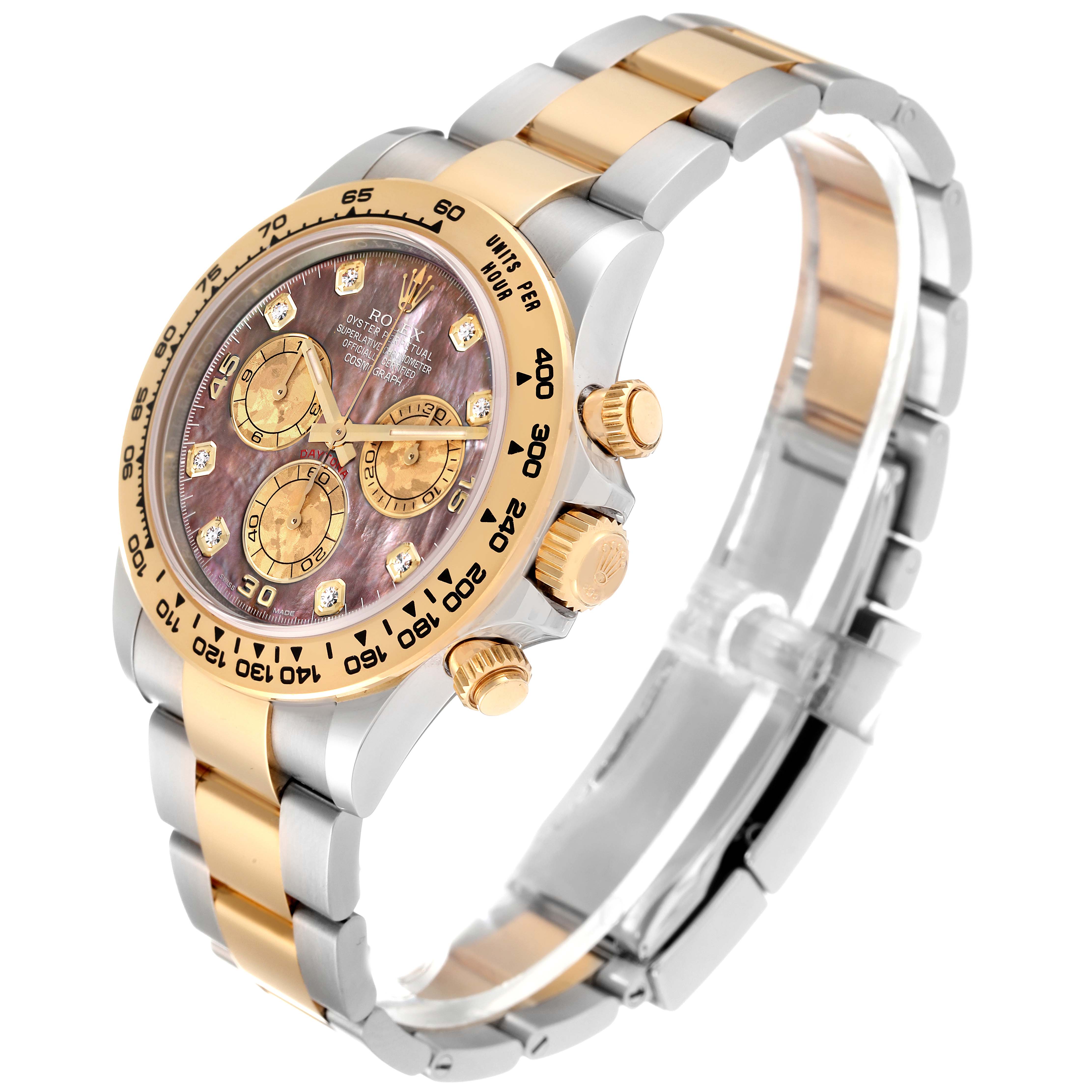 The Rolex Daytona 116503 Men's Steel and Gold (two tone) Mother of Pearl Dial 116503 Men's Steel and Gold (two tone) Mother of Pearl Dial watch is shown at a slight angle, showcasing its dial, bezel, and two-tone bracelet.