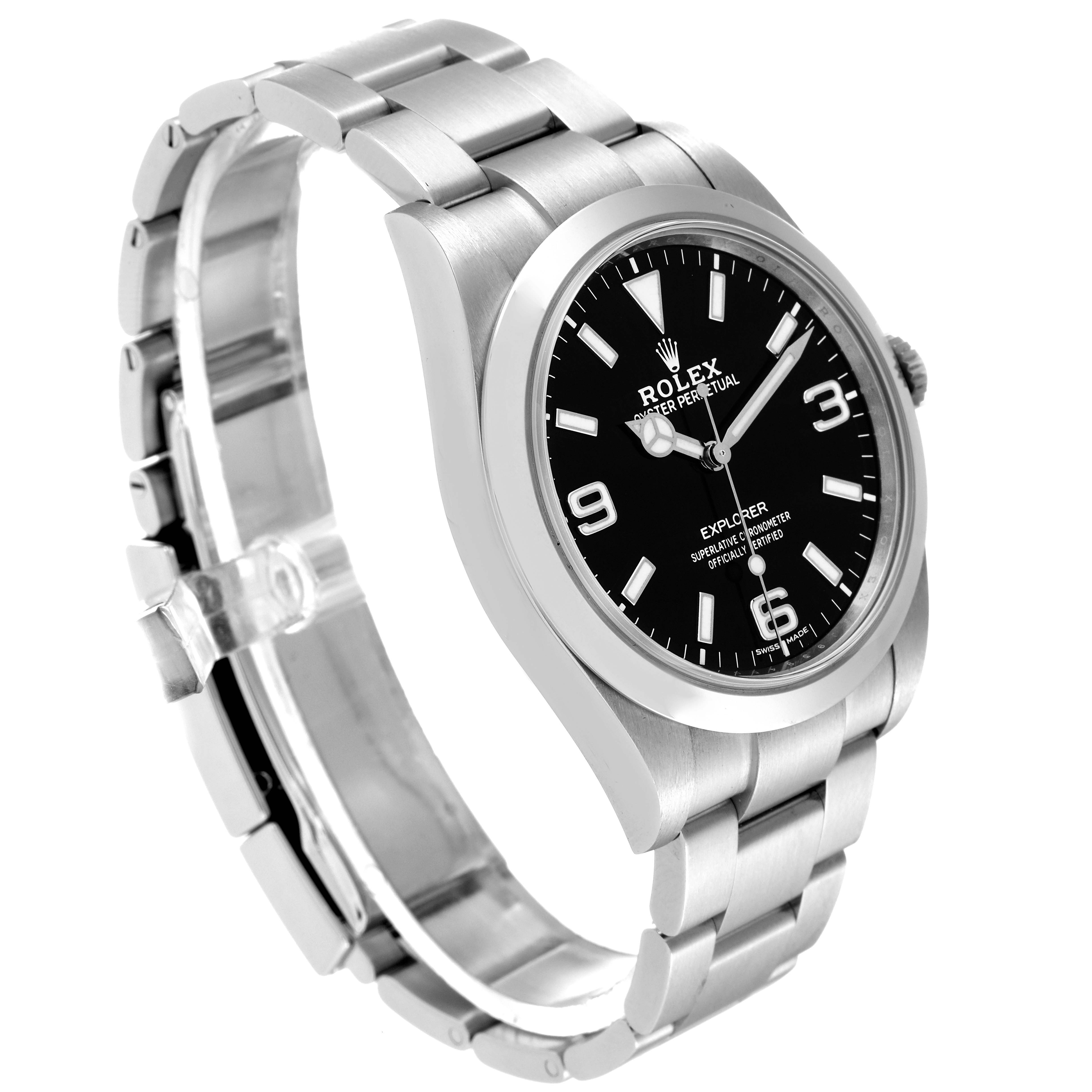The image shows the Rolex Explorer 214270 Men's Stainless Steel Black Dial 214270 Men's Stainless Steel Black Dial watch at a three-quarter angle, highlighting the bracelet, case, and black dial.