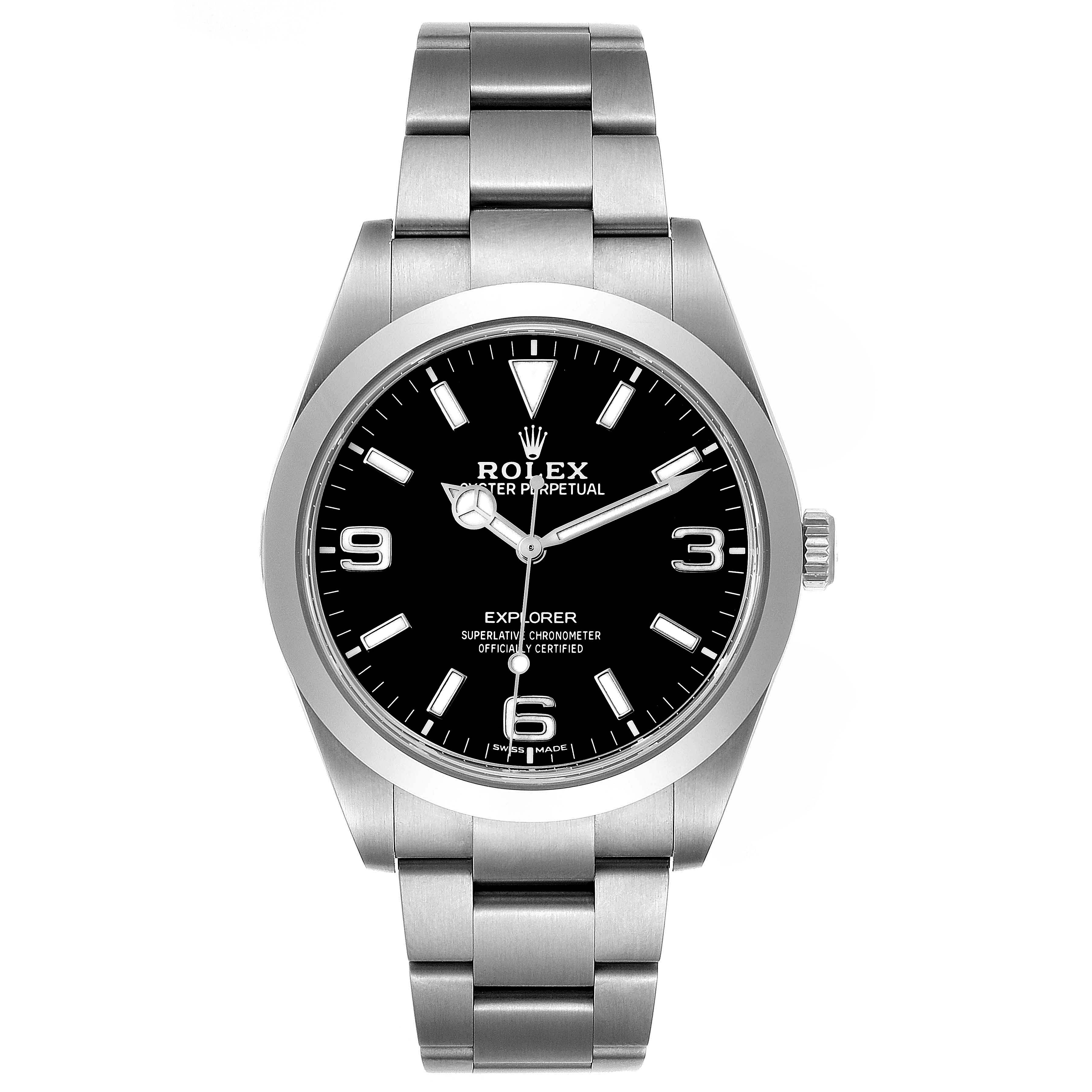 The image shows a front view of the Rolex Explorer 214270 Men's Stainless Steel Black Dial 214270 Men's Stainless Steel Black Dial watch, highlighting the dial, bezel, and bracelet.