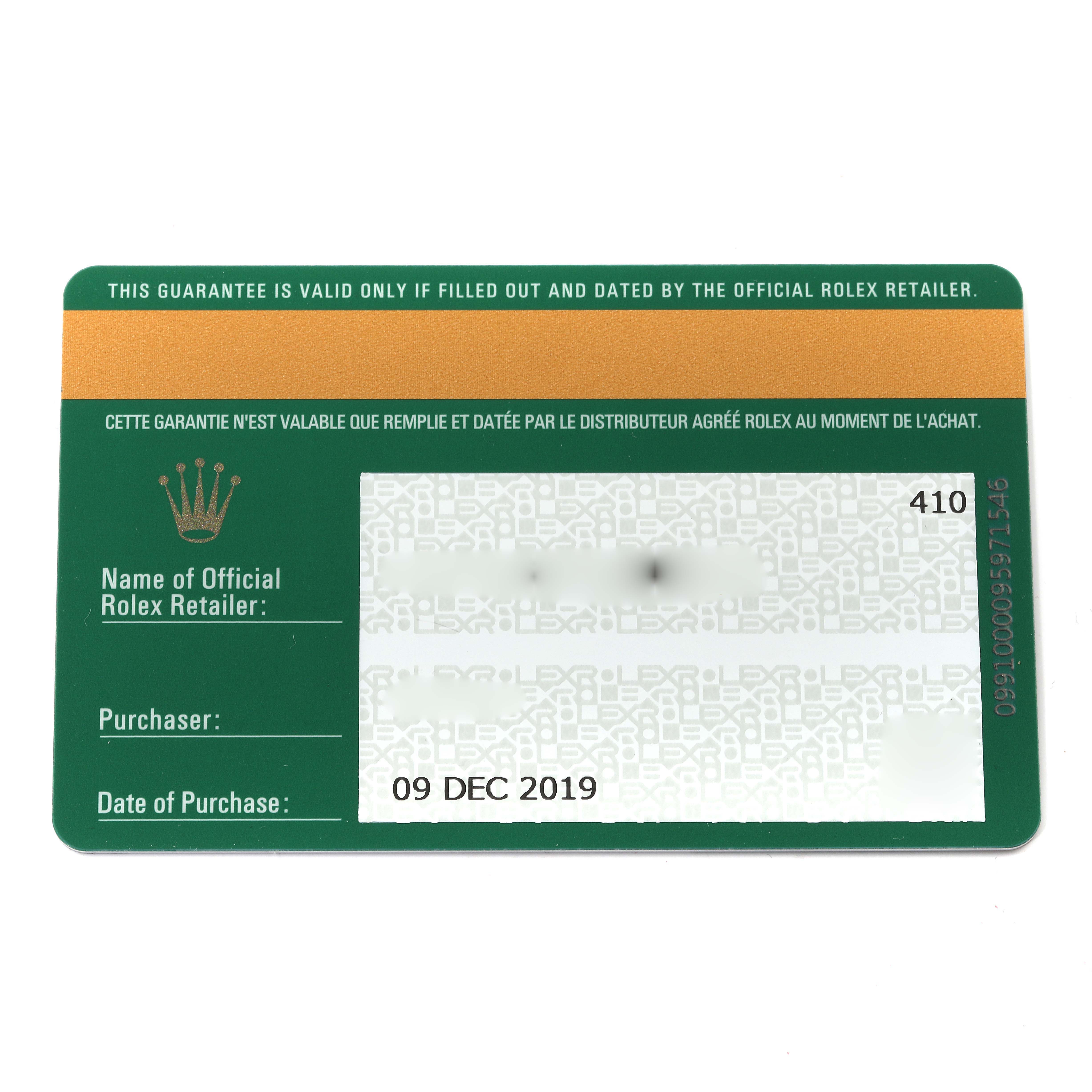 The image shows a warranty card for the Rolex Explorer 214270 Men's Stainless Steel Black Dial 214270 Men's Stainless Steel Black Dial, displaying fields like retailer, purchaser, and date of purchase.