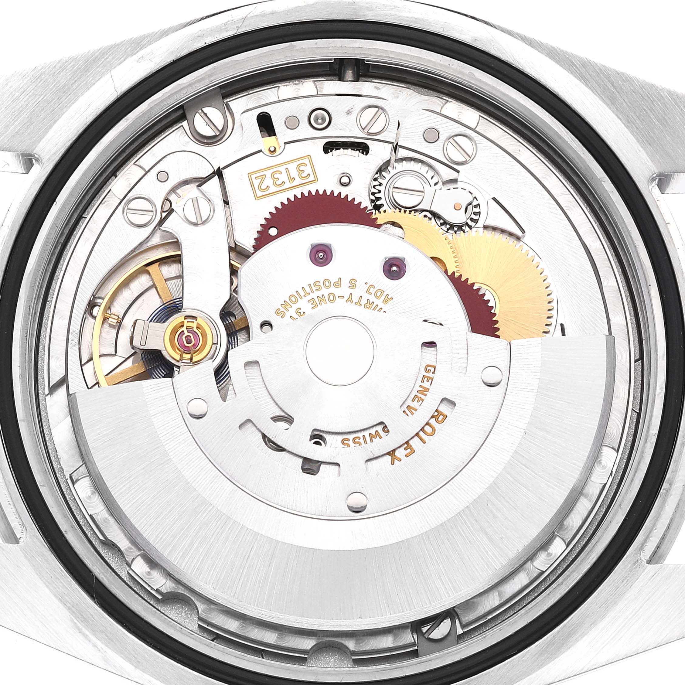 This image shows the internal mechanism of the Rolex Explorer 214270 Men's Stainless Steel Black Dial 214270 Men's Stainless Steel Black Dial watch from a top-down angle.