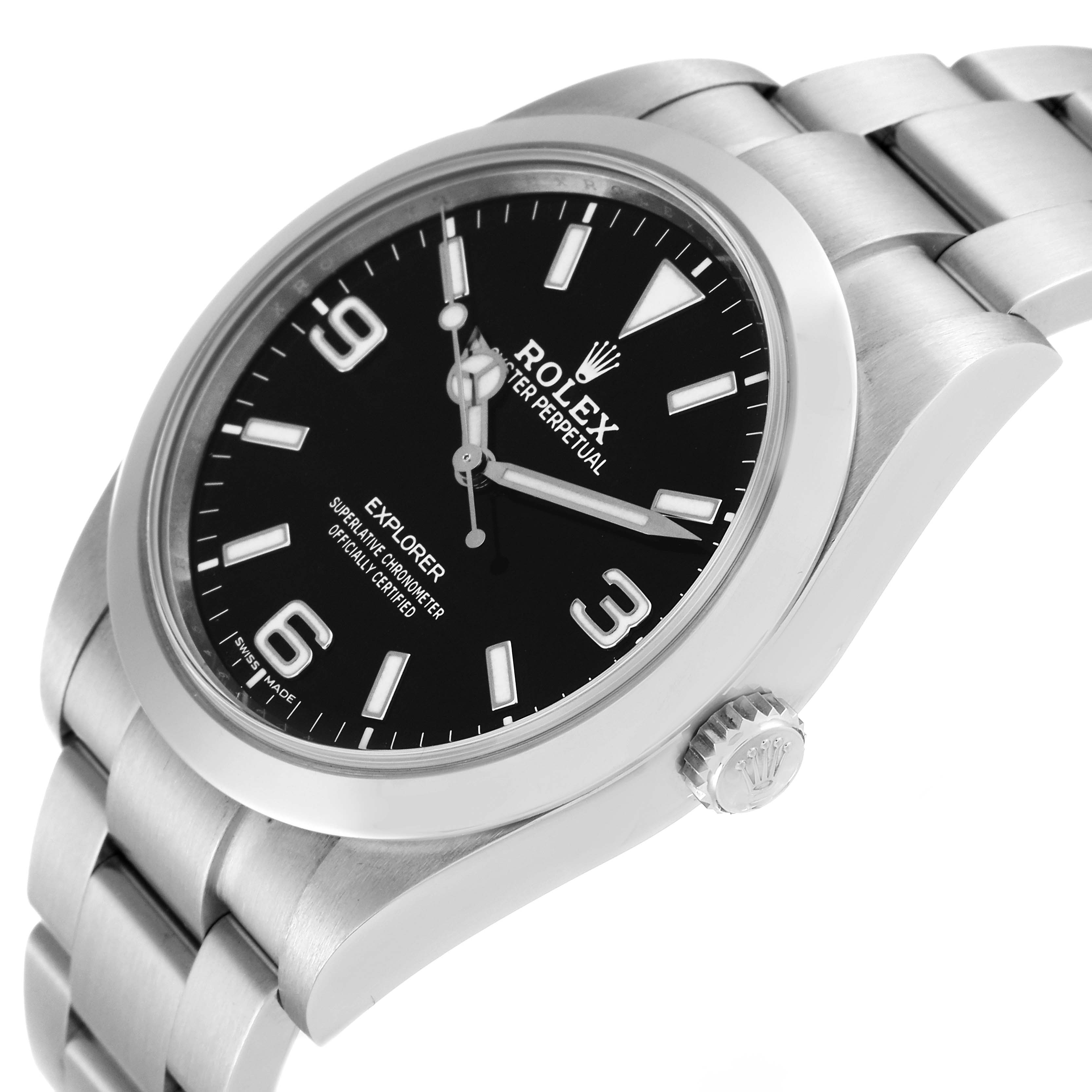 This image shows a Rolex Explorer 214270 Men's Stainless Steel Black Dial 214270 Men's Stainless Steel Black Dial watch at a side angle, displaying its dial, case, and partially the bracelet.