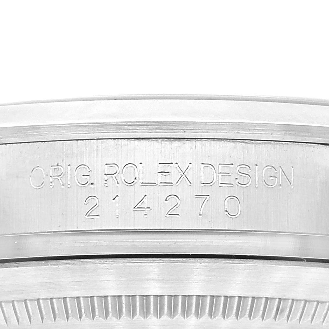 The image shows the engraved case back of a Rolex Explorer 214270 Men's Stainless Steel Black Dial 214270 Men's Stainless Steel Black Dial watch, displaying the model number "214270."
