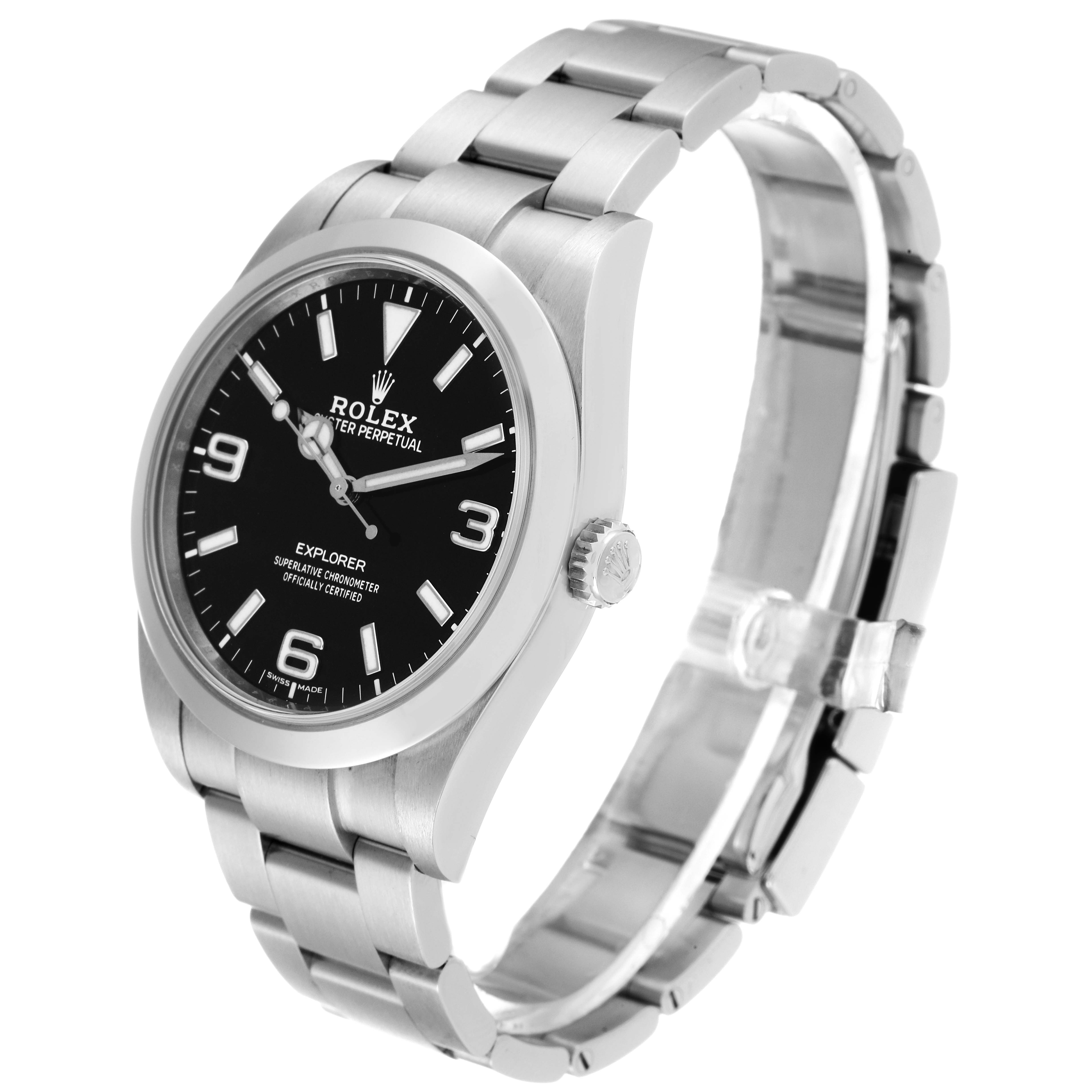The image shows a side angle of the Rolex Explorer 214270 Men's Stainless Steel Black Dial 214270 Men's Stainless Steel Black Dial, displaying the watch face, crown, and partially open oyster bracelet.