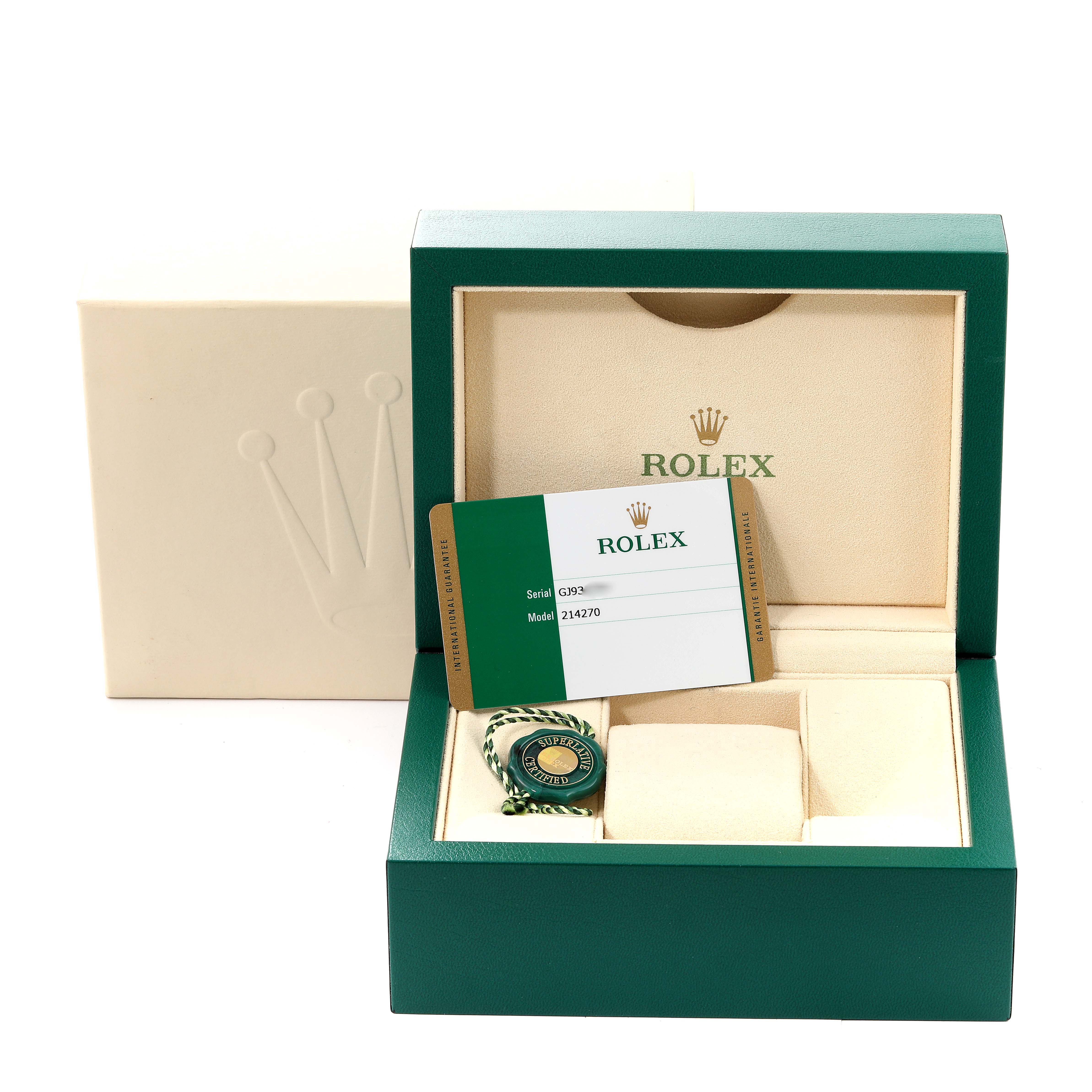 The image shows the Rolex Explorer 214270 Men's Stainless Steel Black Dial 214270 Men's Stainless Steel Black Dial watch box, warranty card, and tag from a frontal angle.