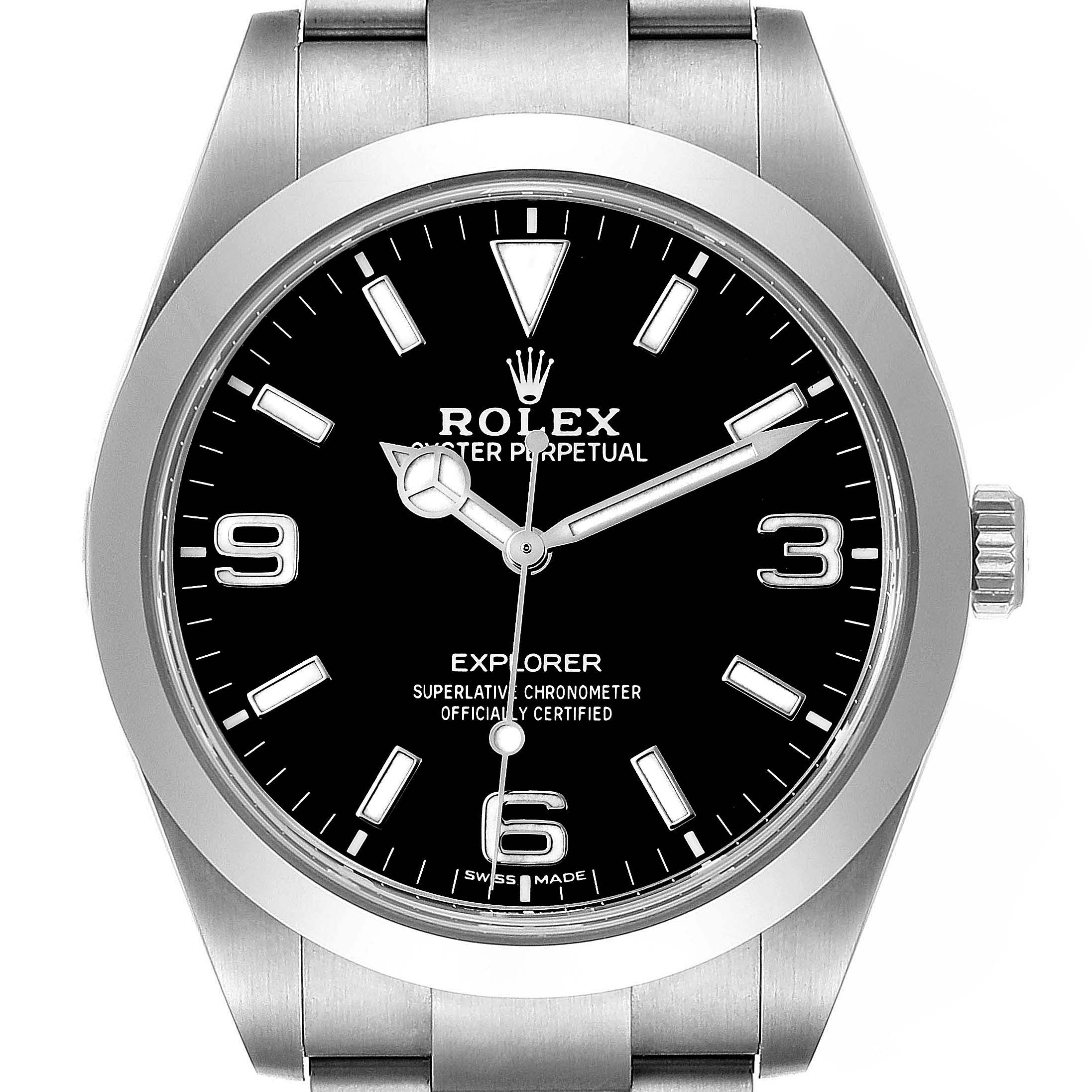 This is a close-up of the Rolex Explorer 214270 Men's Stainless Steel Black Dial 214270 Men's Stainless Steel Black Dial watch, showing the dial, hands, bezel, and part of the bracelet.