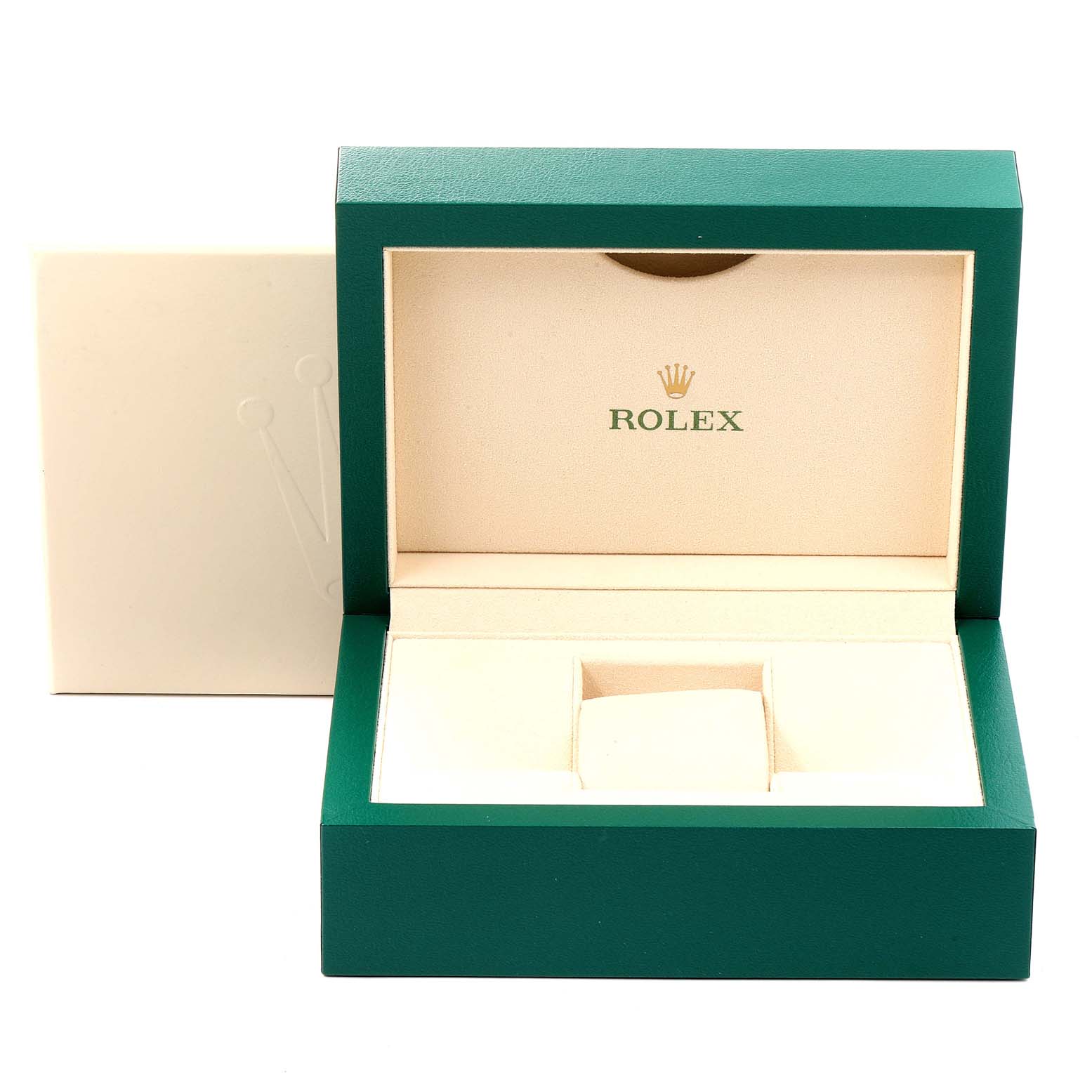 This image shows an open green and beige Rolex watch box for the Explorer model, displaying the Rolex brand logo.