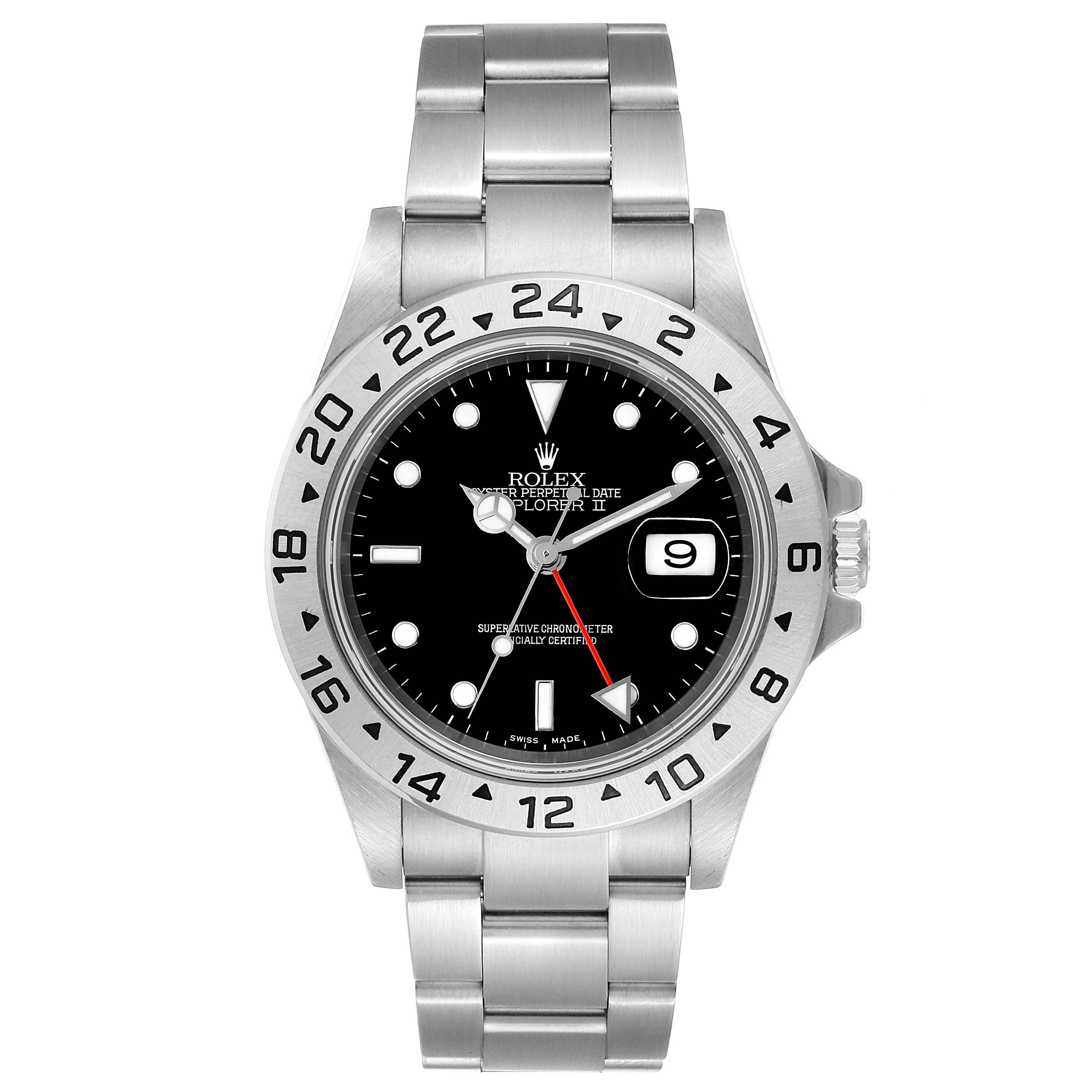 The image shows a front view of a Rolex Explorer 16570 Men's Stainless Steel Black Dial 16570 Men's Stainless Steel Black Dial watch, displaying the dial, bezel, crown, and stainless steel bracelet.