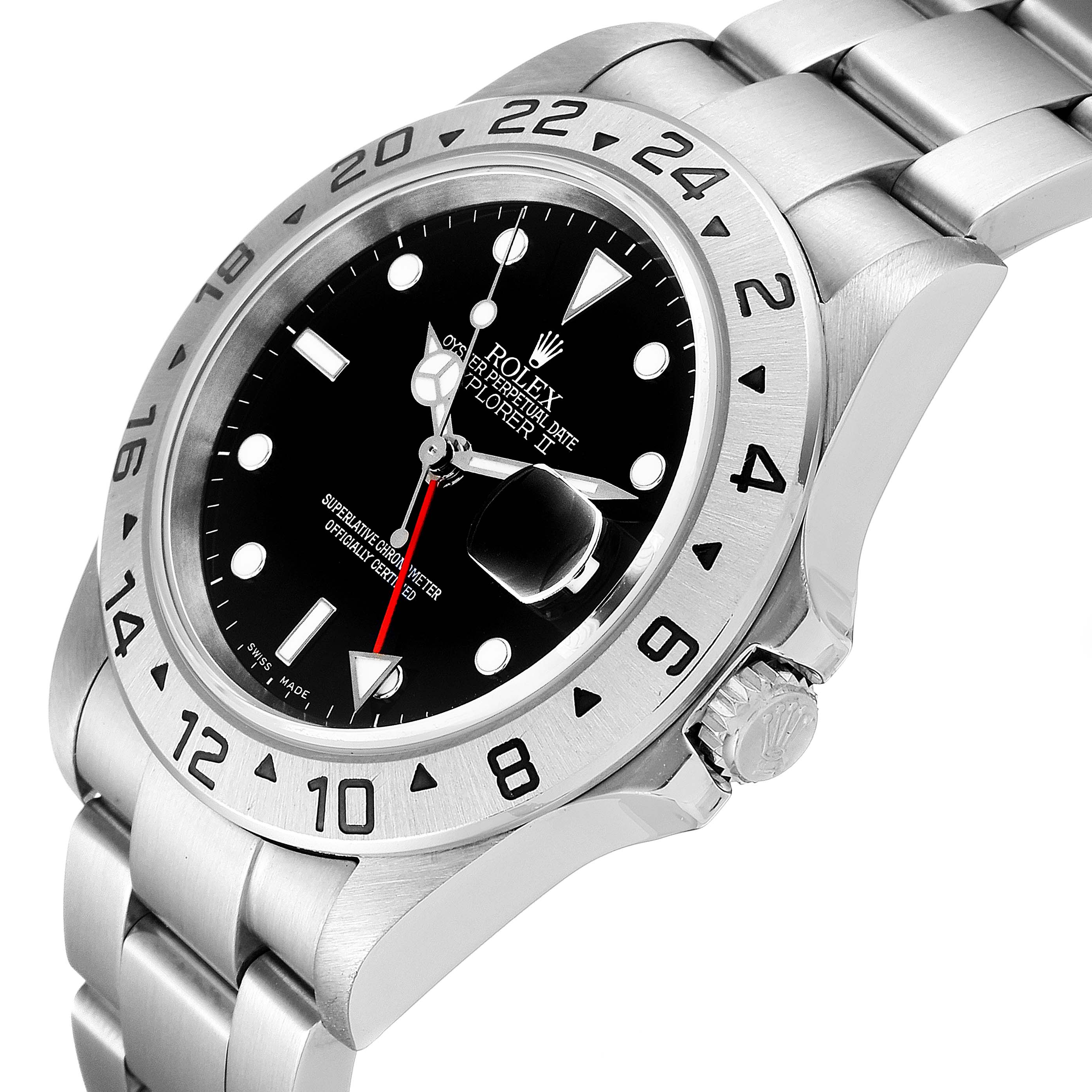 The Rolex Explorer 16570 Men's Stainless Steel Black Dial 16570 Men's Stainless Steel Black Dial watch is shown at an angled side view, highlighting the bezel, dial, bracelet, and crown.