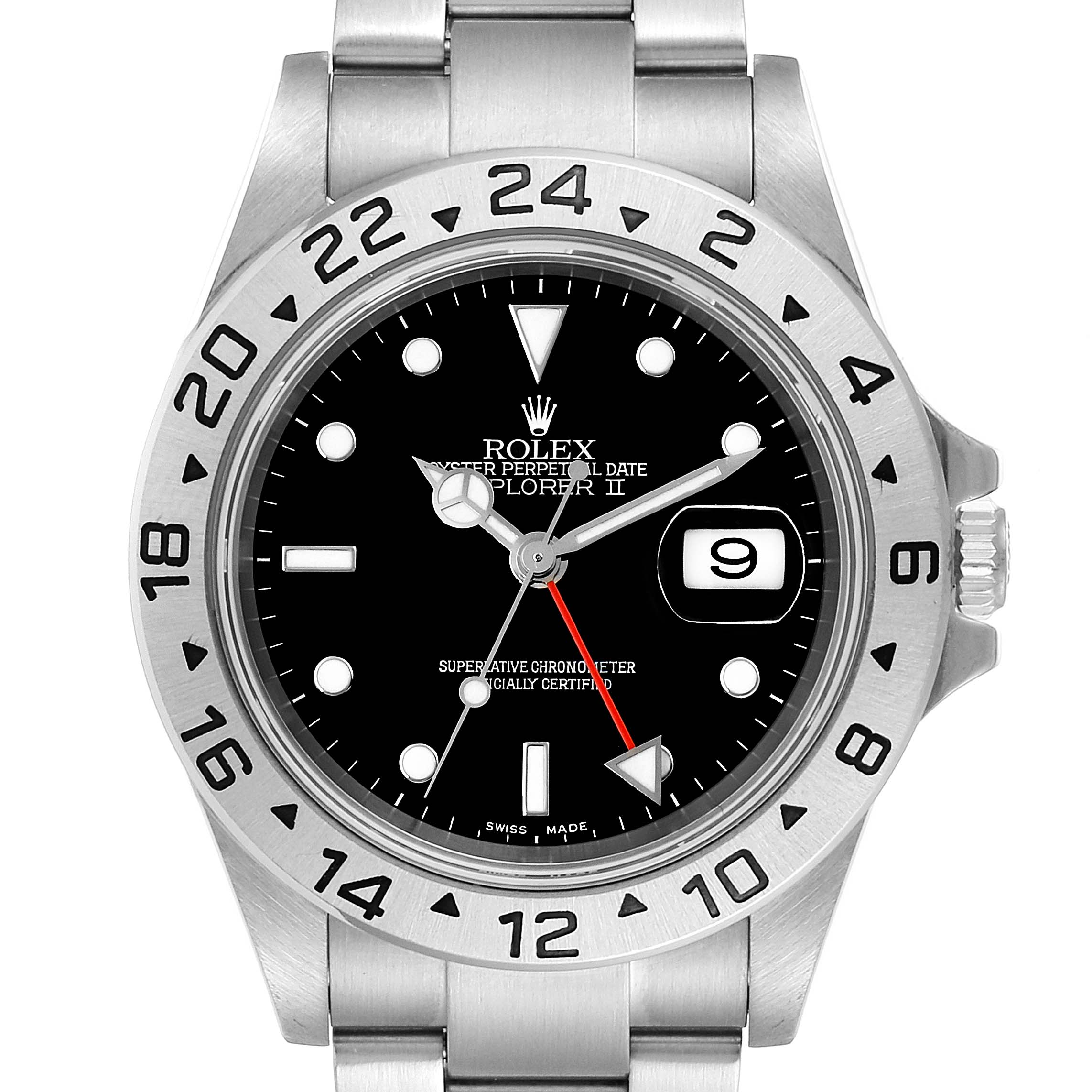 The image shows a front view of the Rolex Explorer 16570 Men's Stainless Steel Black Dial 16570 Men's Stainless Steel Black Dial watch, highlighting the dial, bezel, and bracelet.