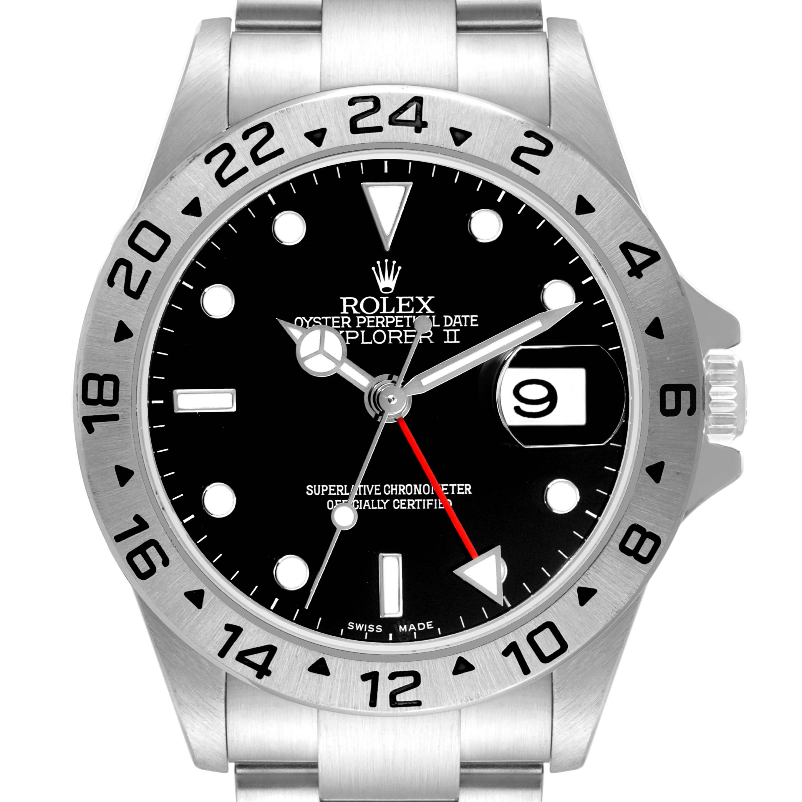 This Rolex Explorer 16570 Men
s Stainless Steel Black Dial 16570 Men
s Stainless Steel Black Dial watch is shown from a front angle, highlighting its dial, bezel, hands, and date window.