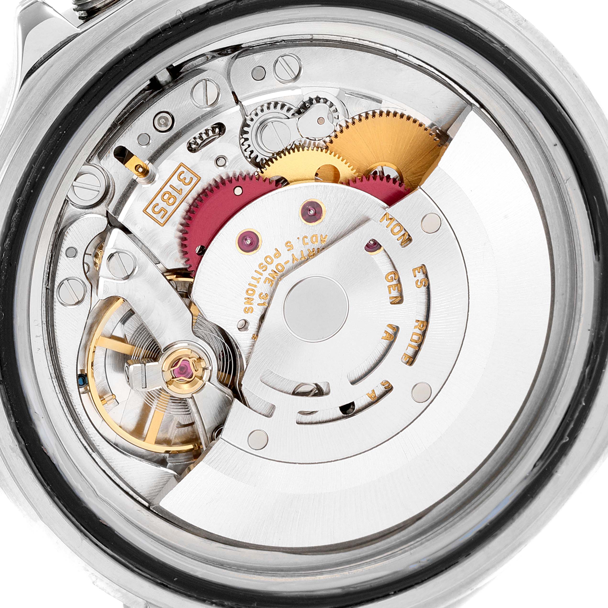 The image shows the internal mechanism of a Rolex Explorer 16570 Men
s Stainless Steel Black Dial 16570 Men
s Stainless Steel Black Dial watch, highlighting its intricate gears and components.