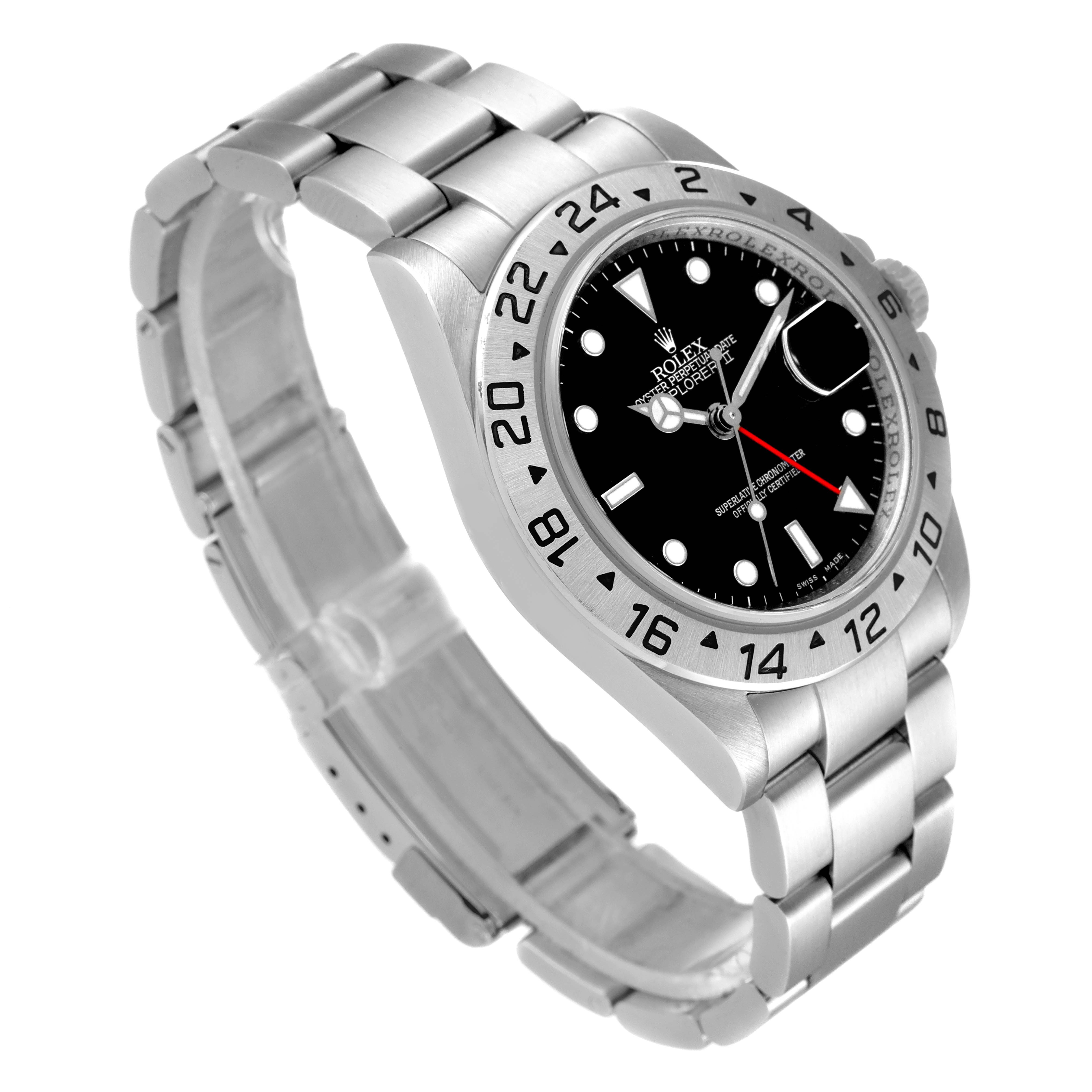 The Rolex Explorer 16570 Men
s Stainless Steel Black Dial 16570 Men
s Stainless Steel Black Dial watch is shown at a slight angle, displaying its bracelet, bezel, and dial clearly.