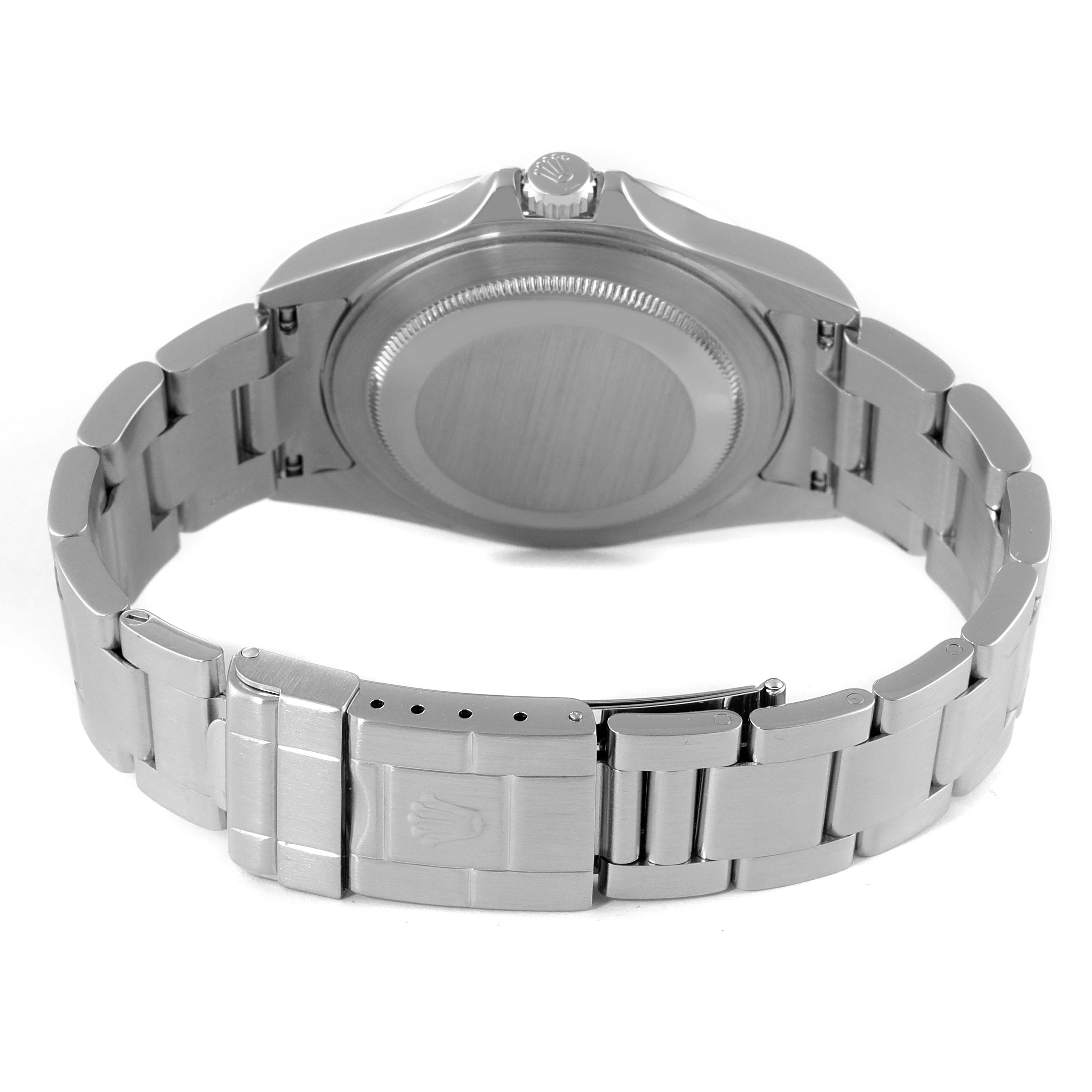 The image shows the back view of a Rolex Explorer 16570 Men
s Stainless Steel Black Dial 16570 Men
s Stainless Steel Black Dial watch, highlighting the case back, crown, and bracelet clasp.