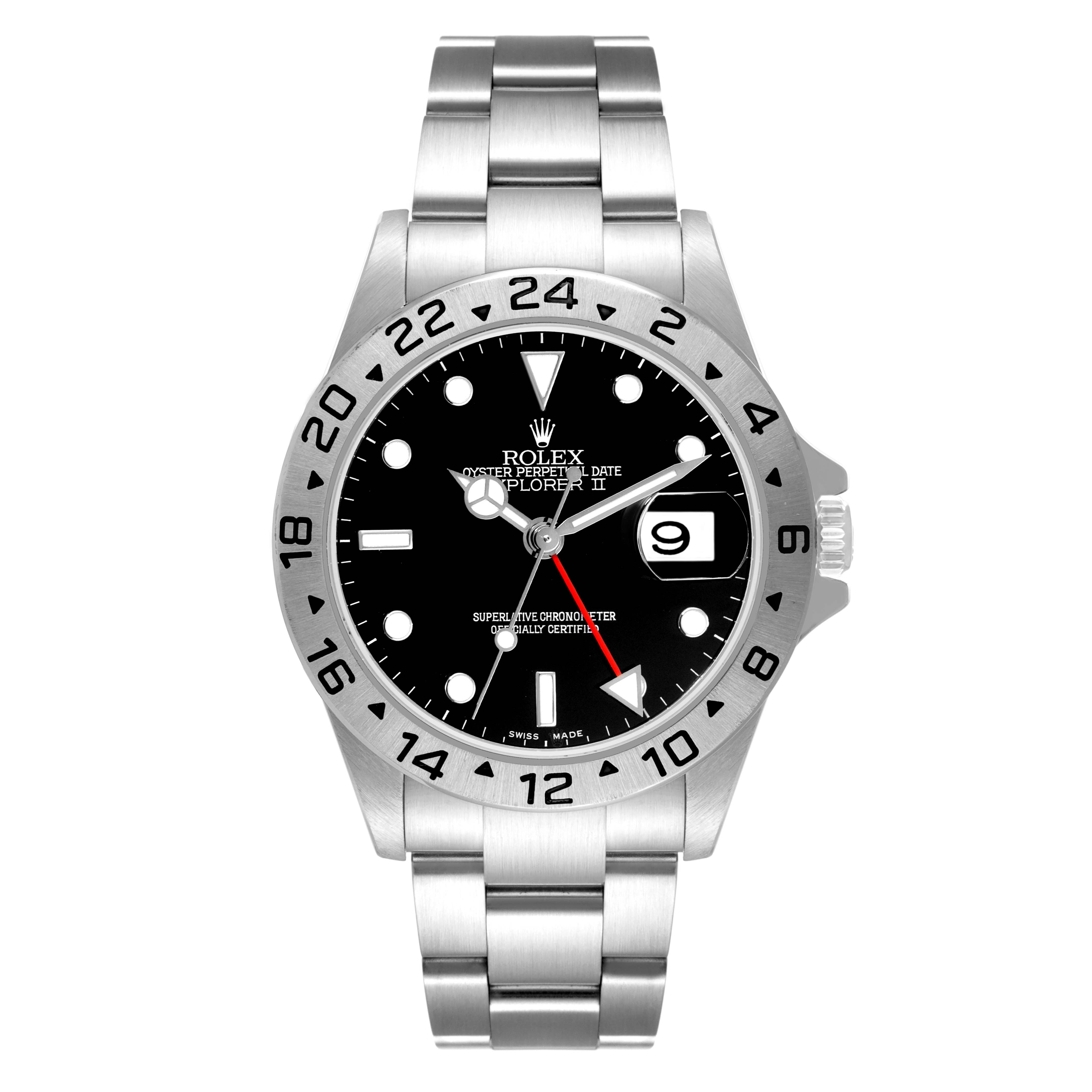 The image shows the face and bracelet of a Rolex Explorer 16570 Men
s Stainless Steel Black Dial 16570 Men
s Stainless Steel Black Dial watch from a front angle.