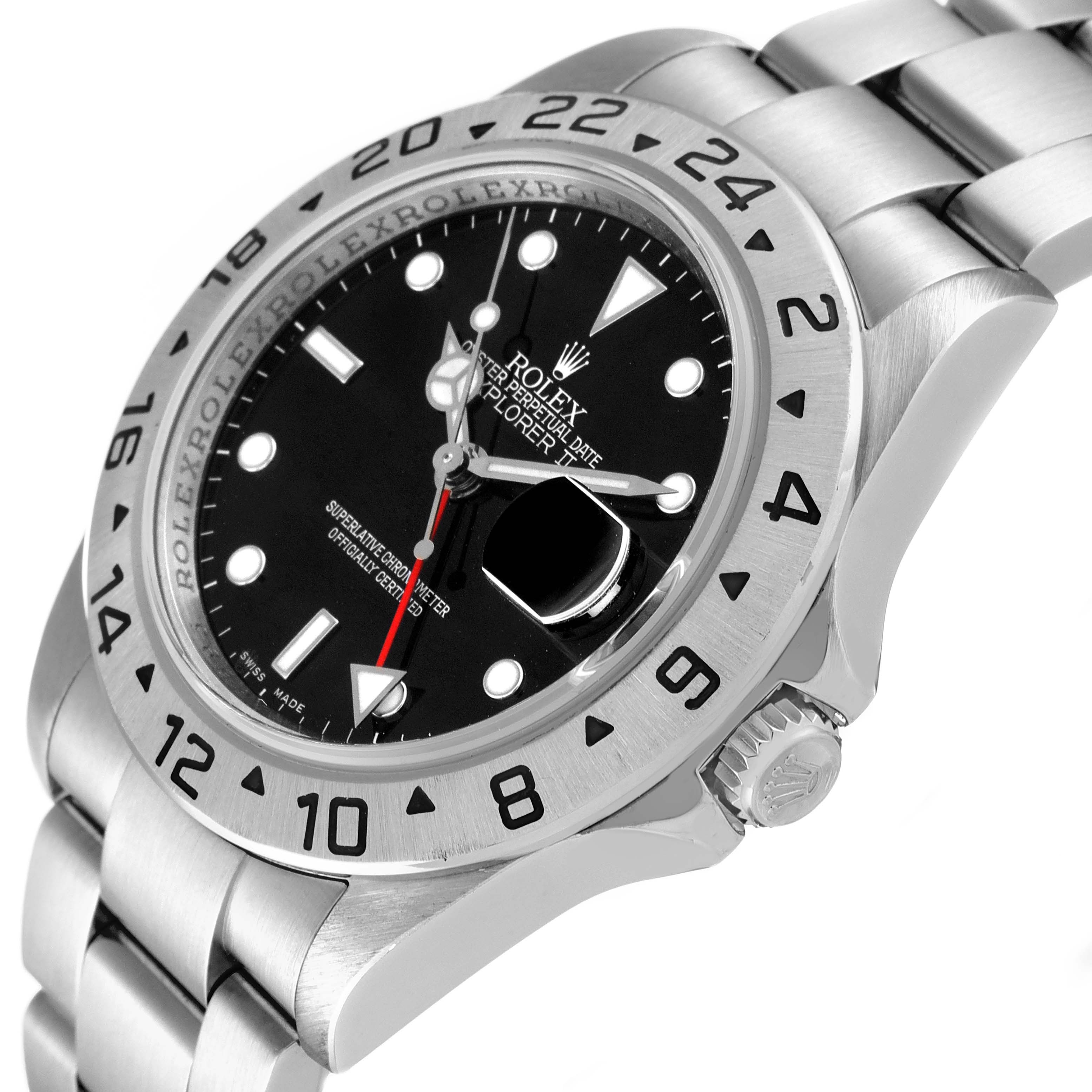 This image shows an angled view of the Rolex Explorer 16570 Men
s Stainless Steel Black Dial 16570 Men
s Stainless Steel Black Dial watch face, bezel, crown, and part of the metal bracelet.