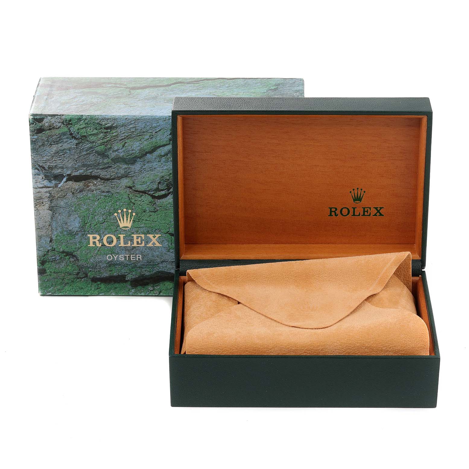 The image shows a Rolex Explorer 16570 Men
s Stainless Steel Black Dial 16570 Men
s Stainless Steel Black Dial model watch box open, revealing a brown suede pouch inside.