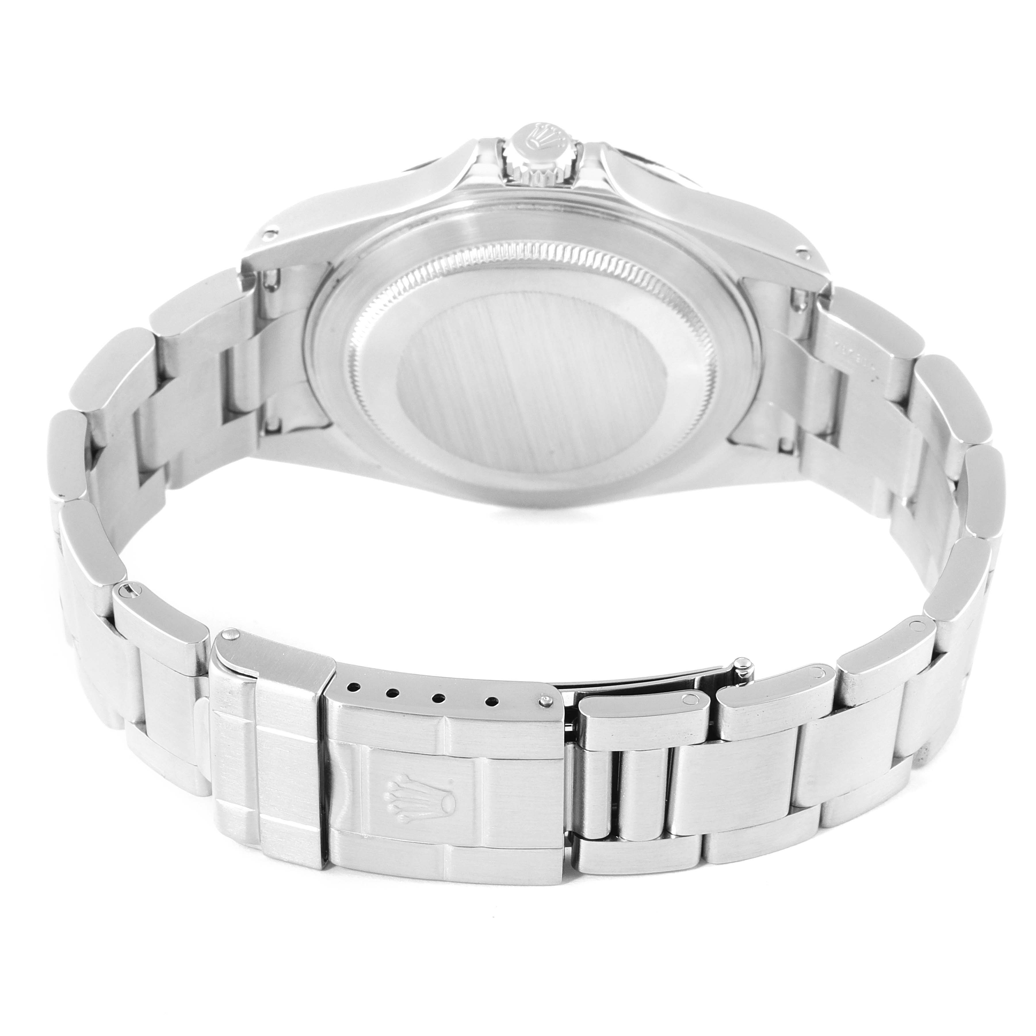 The image shows the back view of a Rolex Explorer 16570 Men's Stainless Steel Black Dial 16570 Men's Stainless Steel Black Dial watch, highlighting the bracelet, clasp, and case back.