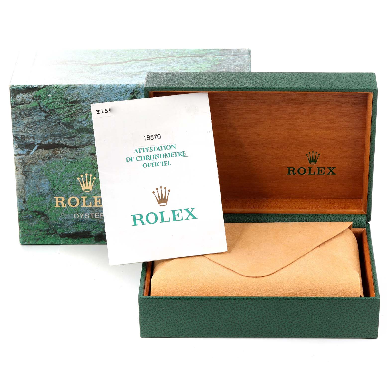 The image shows a Rolex Explorer 16570 Men's Stainless Steel Black Dial 16570 Men's Stainless Steel Black Dial model packaging including a green and wooden box, an outer box, a manual, and a protective pouch, viewed from the front.