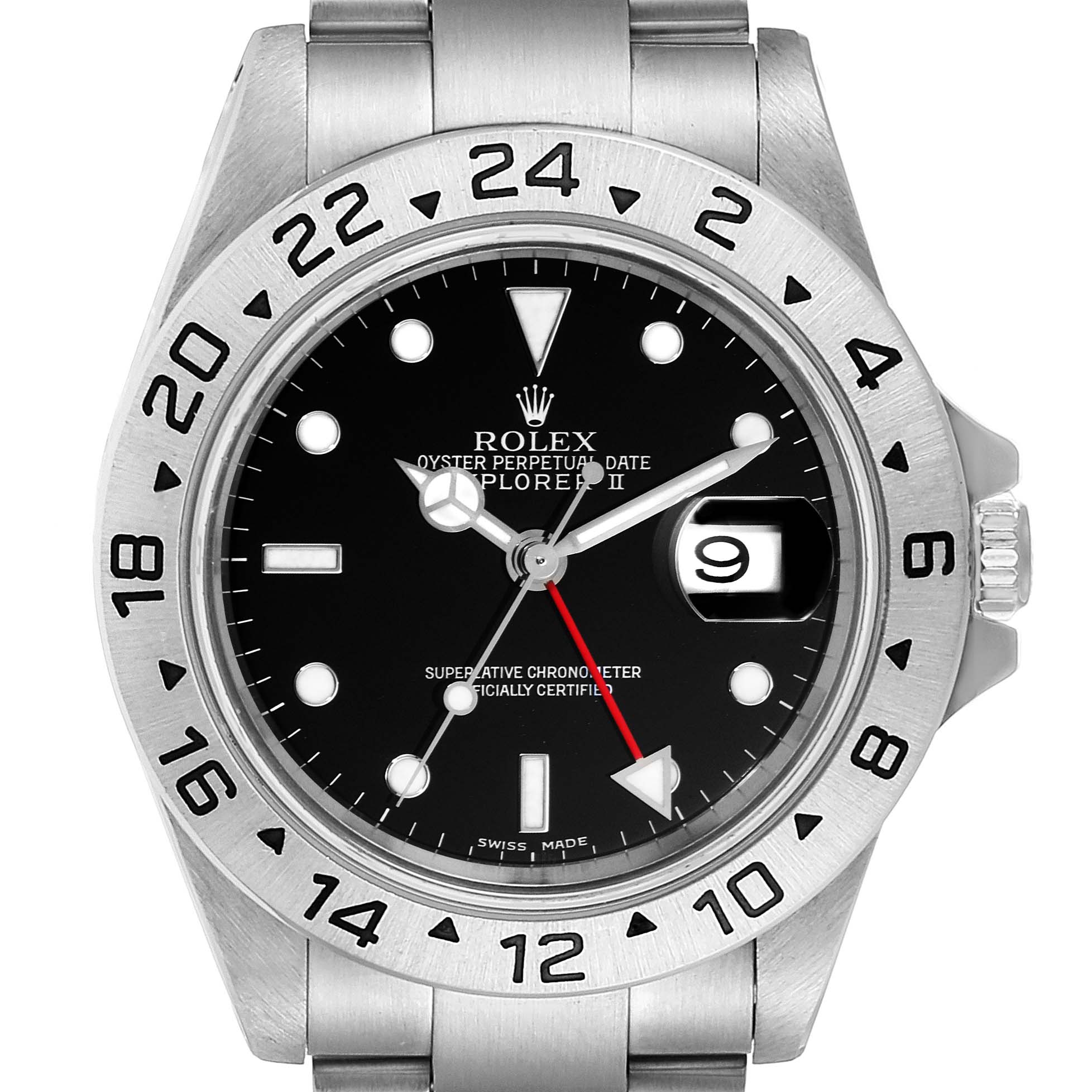 The image shows a front view of the Rolex Explorer 16570 Men's Stainless Steel Black Dial 16570 Men's Stainless Steel Black Dial watch, highlighting its dial, bezel, bracelet, and date window.