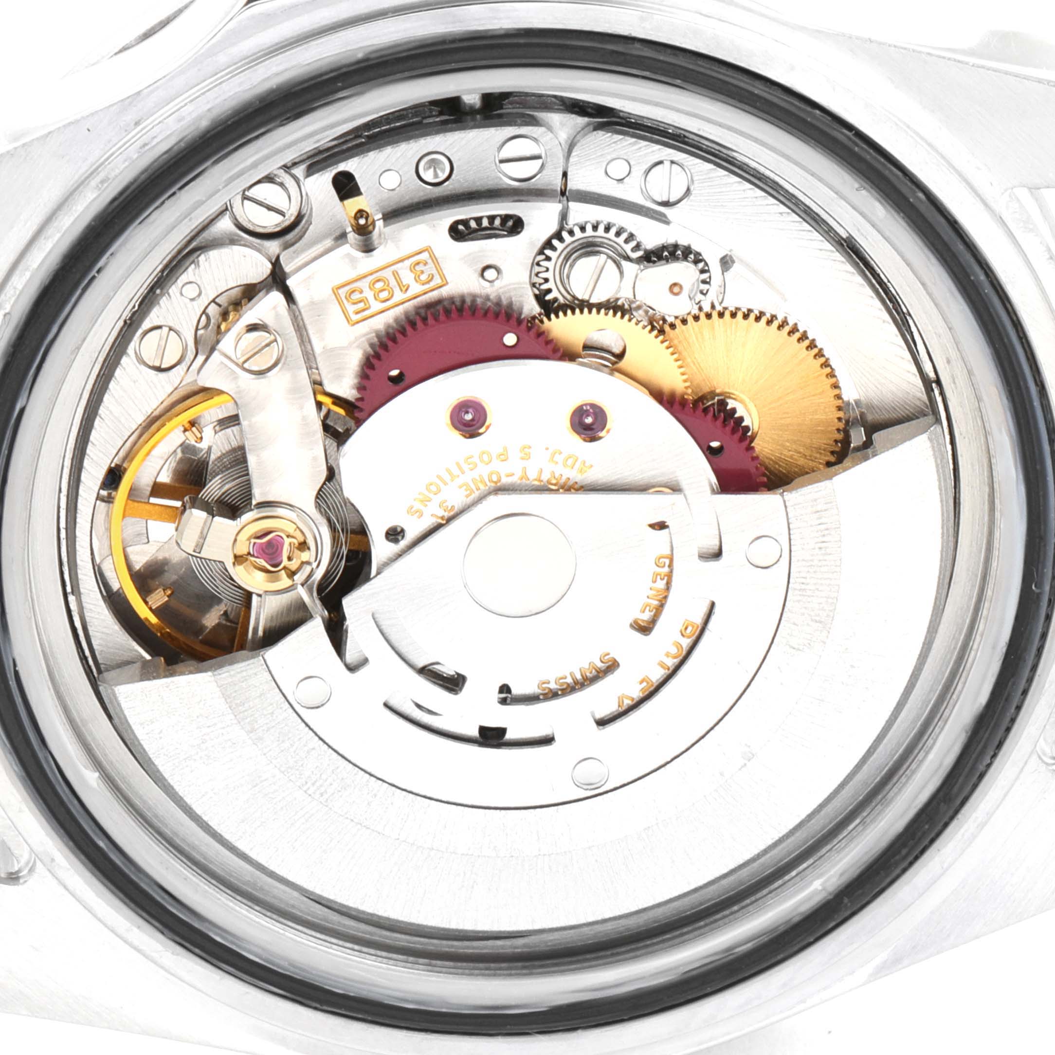 This image shows the movement and internal mechanism of the Rolex Explorer 16570 Men's Stainless Steel Black Dial 16570 Men's Stainless Steel Black Dial watch model from a close-up, back angle view.