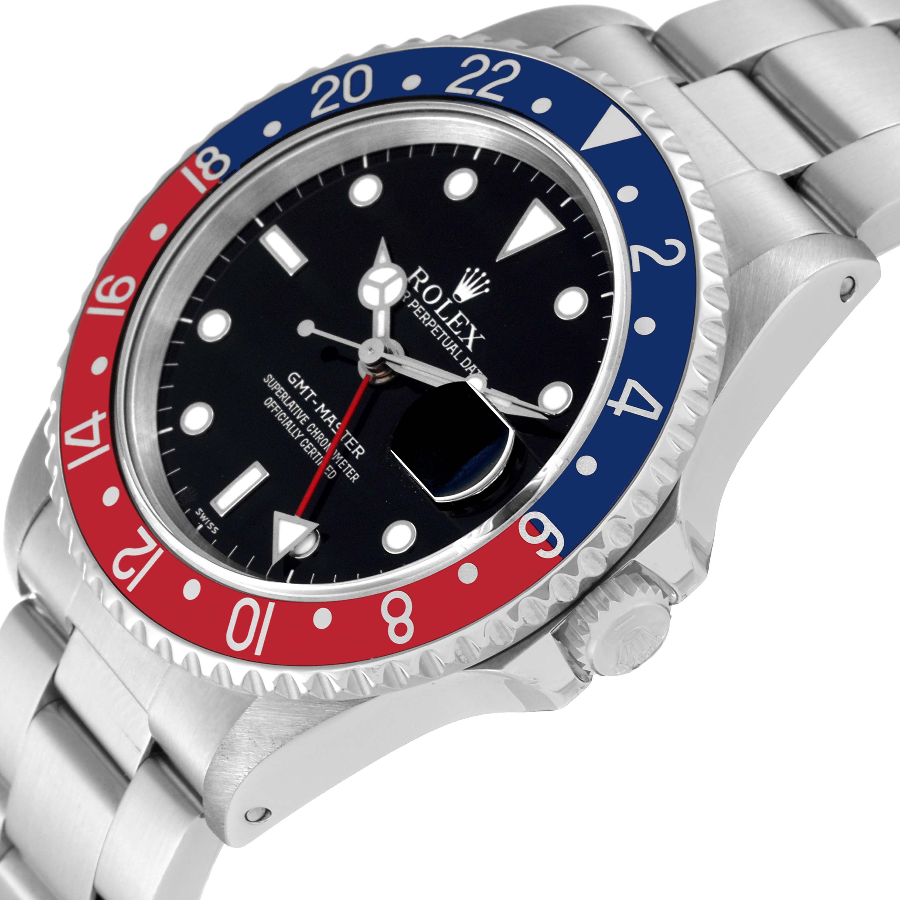 The image shows a close-up angle of the Rolex GMT-Master 16700 Men
s Stainless Steel Black Dial 16700 Men
s Stainless Steel Black Dial watch highlighting its bezel, dial, and part of the bracelet.
