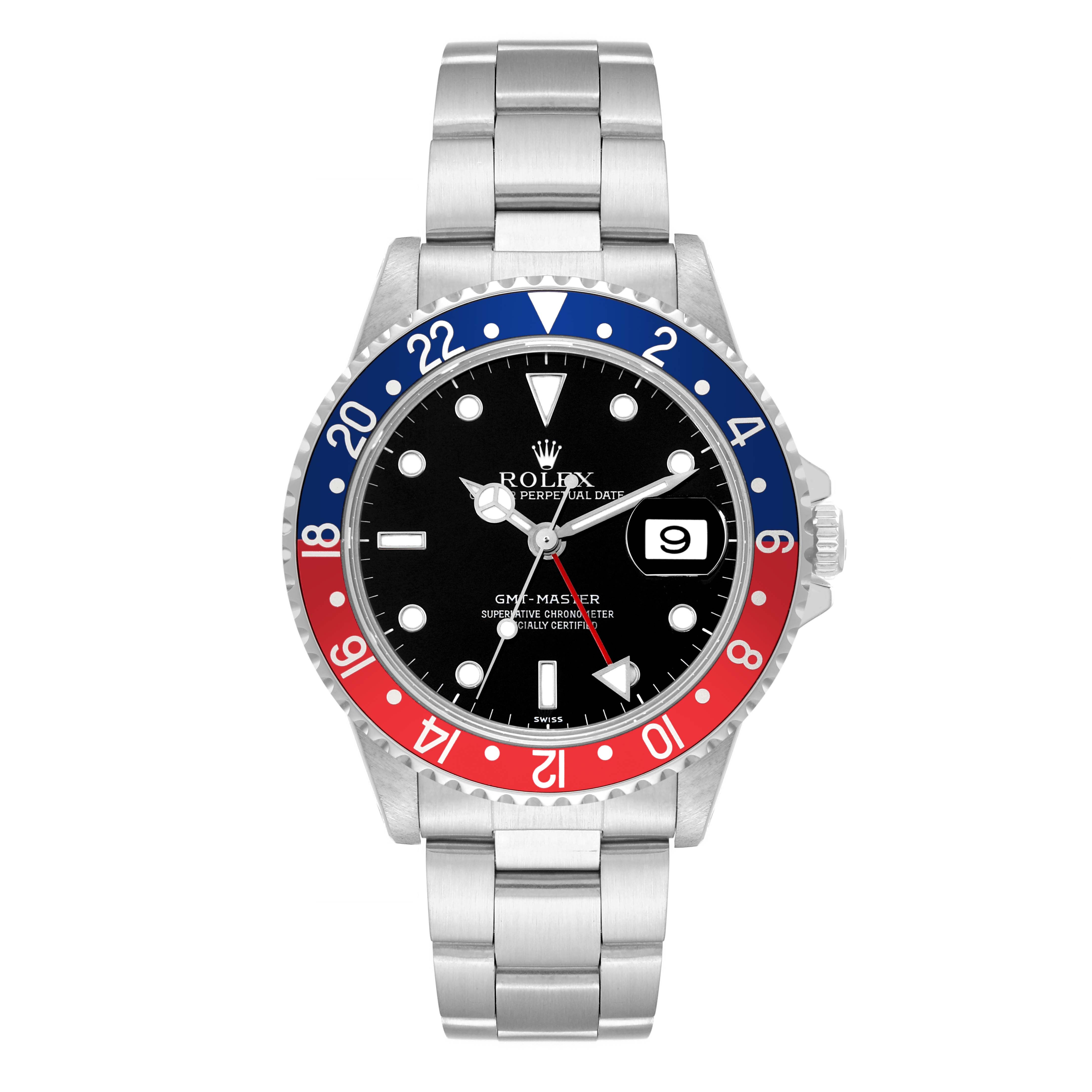The Rolex GMT-Master 16700 Men
s Stainless Steel Black Dial 16700 Men
s Stainless Steel Black Dial watch is shown from a front view, highlighting its dial, bezel, and bracelet.