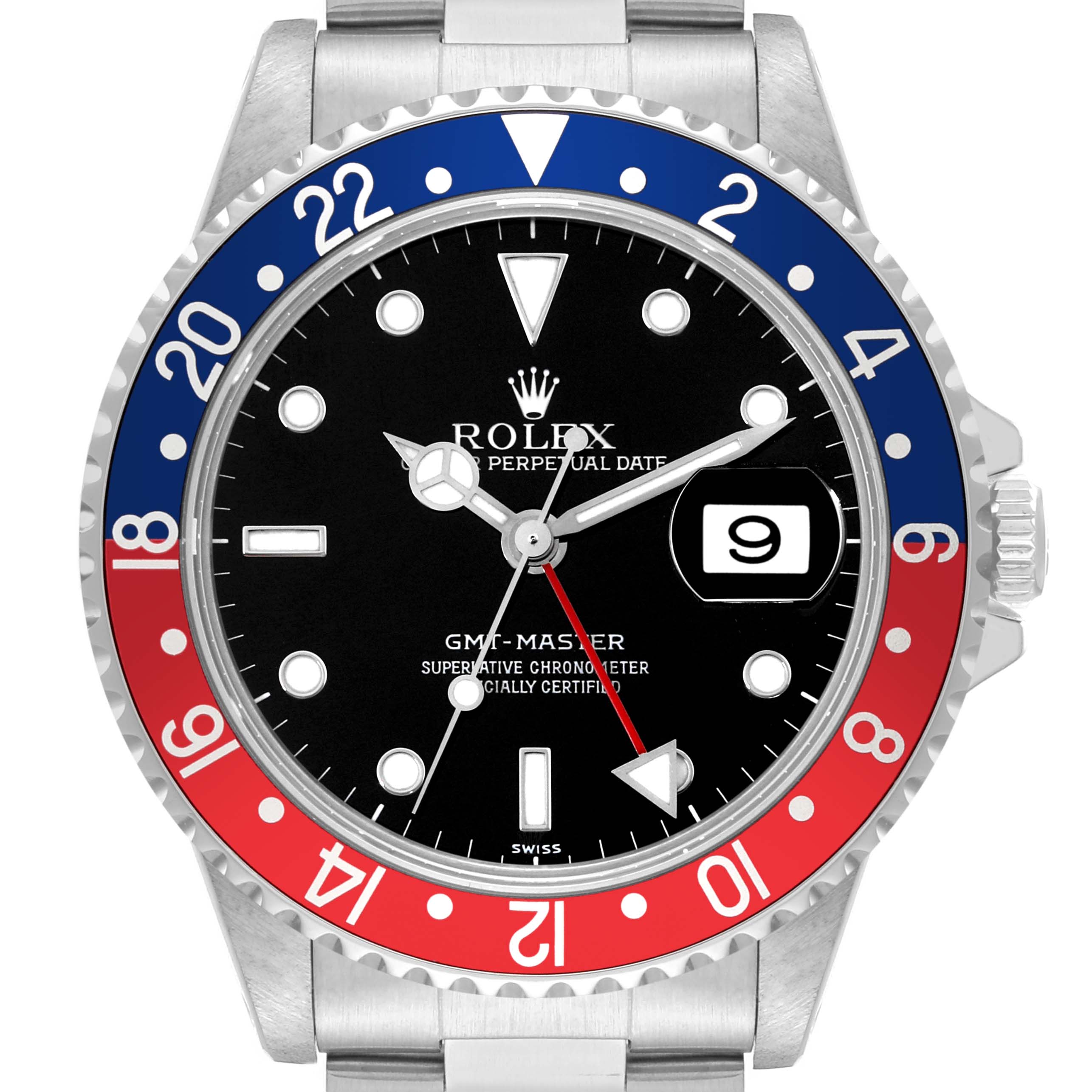 The image shows a front view of a Rolex GMT-Master 16700 Men
s Stainless Steel Black Dial 16700 Men
s Stainless Steel Black Dial watch, highlighting the red and blue bezel, black dial, and date window.