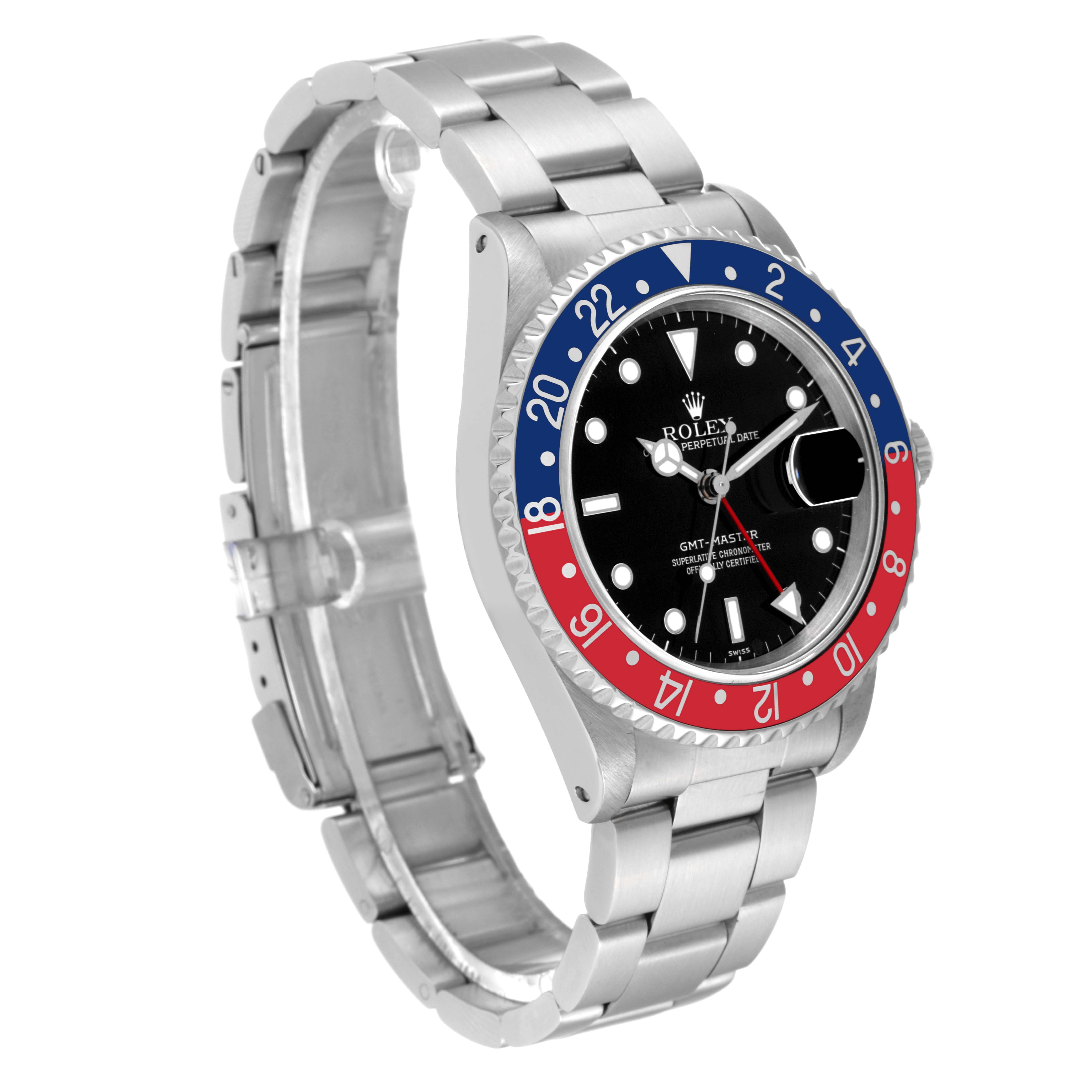 The image shows a Rolex GMT-Master 16700 Men
s Stainless Steel Black Dial 16700 Men
s Stainless Steel Black Dial watch at an angled side view, highlighting the dial, bezel, and bracelet.