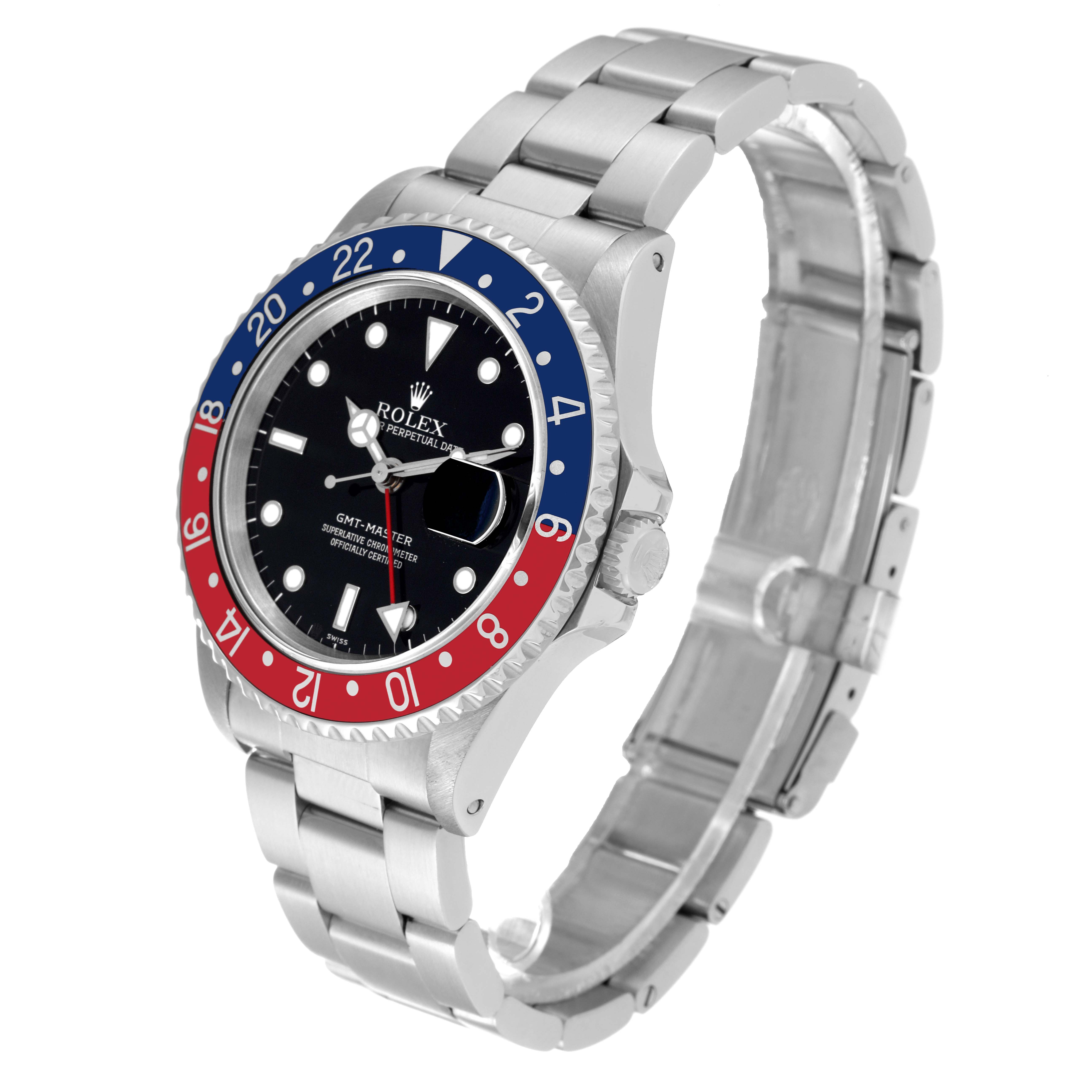 The image shows a stainless steel Rolex GMT-Master 16700 Men
s Stainless Steel Black Dial 16700 Men
s Stainless Steel Black Dial watch at a three-quarter angle, highlighting its face and red/blue bezel.