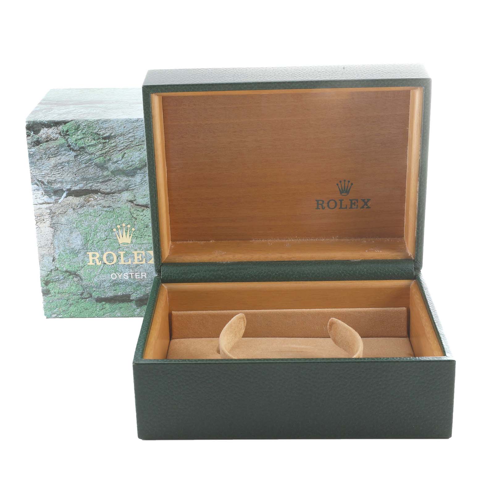 This image shows an open Rolex GMT-Master 16700 Men
s Stainless Steel Black Dial 16700 Men
s Stainless Steel Black Dial watch box, displaying the interior with Rolex branding.