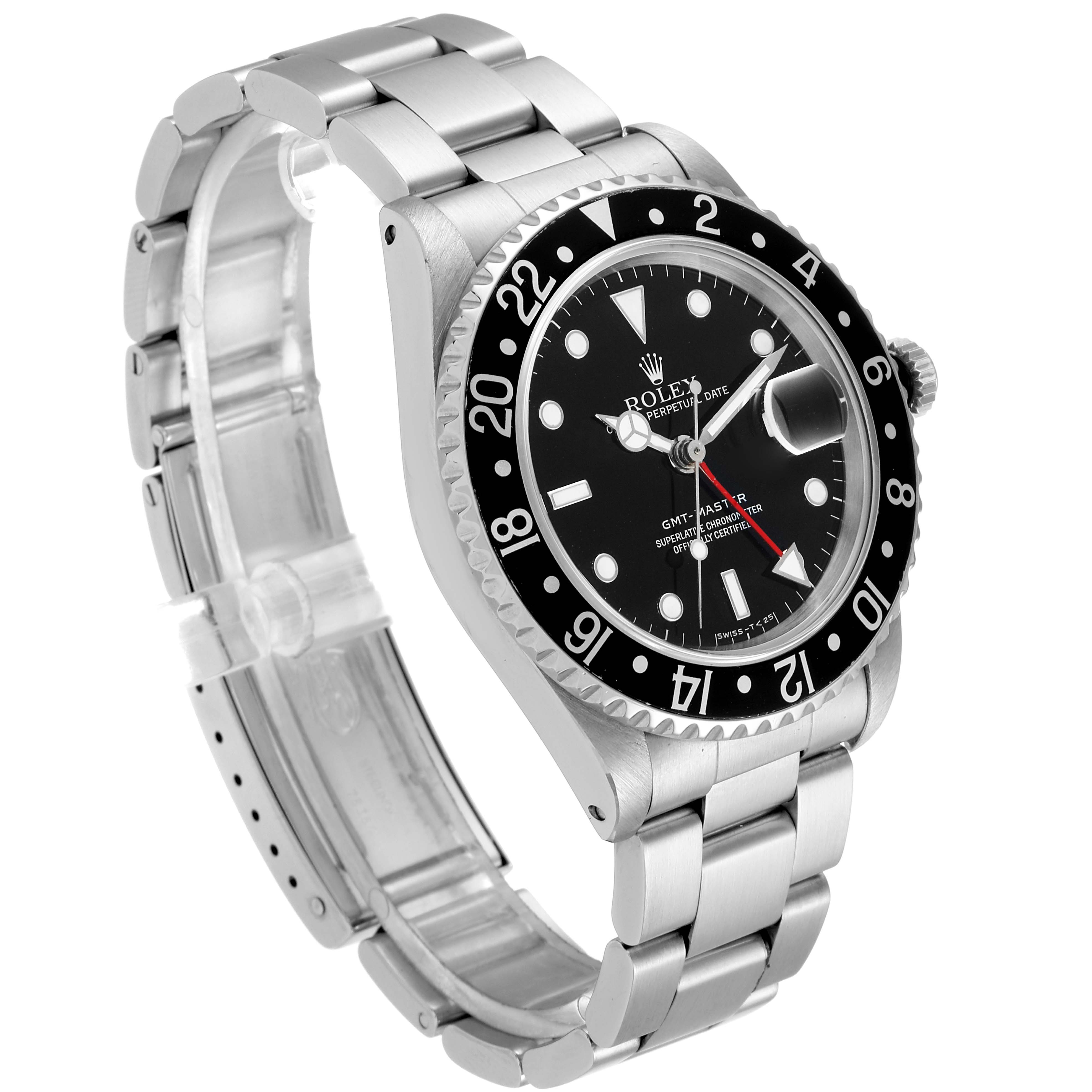 The image shows a Rolex GMT-Master 16700 Men's Stainless Steel Black Dial 16700 Men's Stainless Steel Black Dial watch from an angled side view, highlighting the bracelet, bezel, and face features.