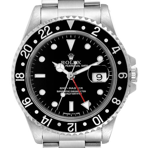 The image shows a front view of the Rolex GMT-Master watch, highlighting its dial, bezel, and partial strap.