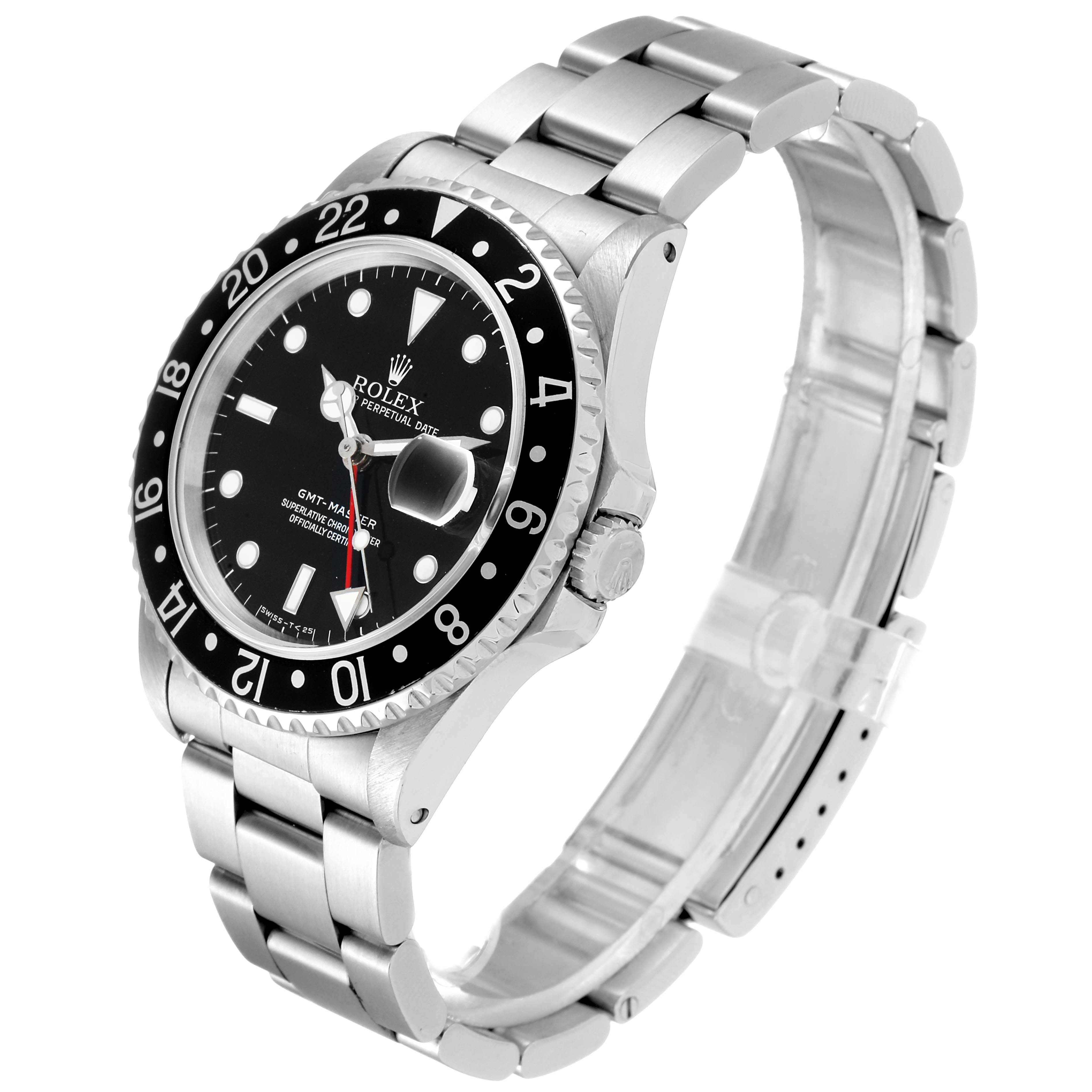 The image shows a Rolex GMT-Master 16700 Men's Stainless Steel Black Dial 16700 Men's Stainless Steel Black Dial watch from a front-right angle, highlighting its bezel, dial, crown, and bracelet.