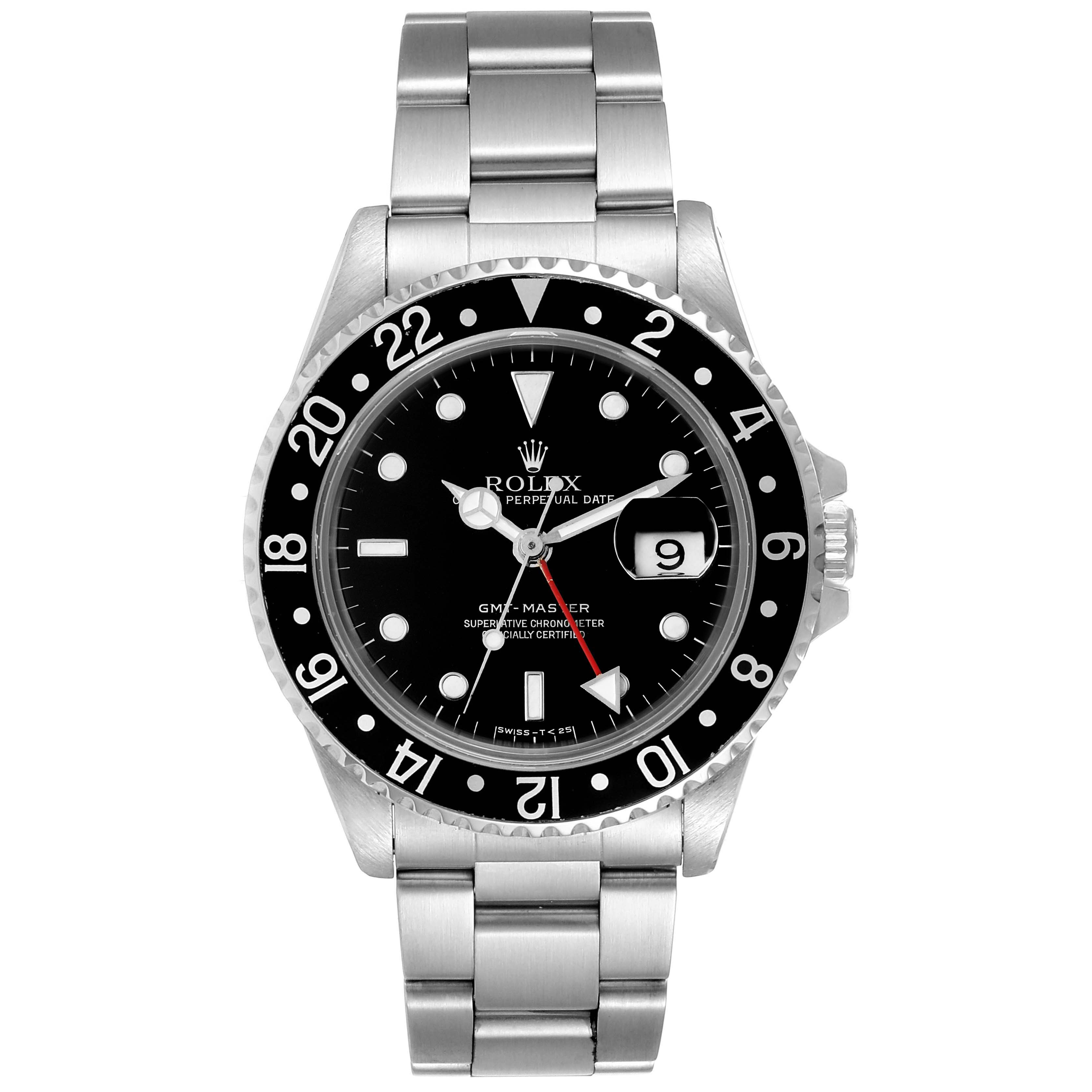 The image shows a front view of a Rolex GMT-Master 16700 Men's Stainless Steel Black Dial 16700 Men's Stainless Steel Black Dial watch, displaying its face, bezel, and bracelet.