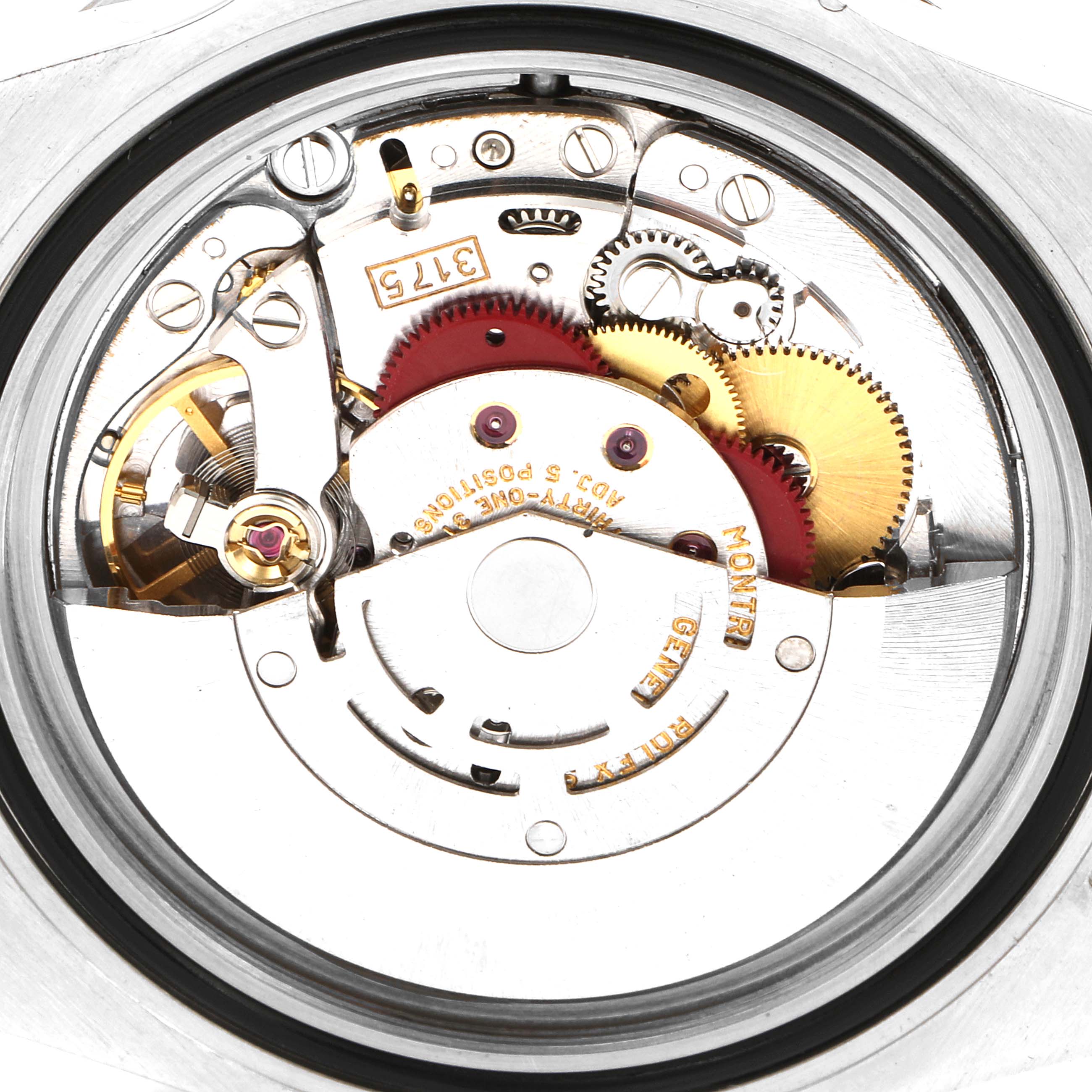 This is an internal view of a Rolex GMT-Master 16700 Men's Stainless Steel Black Dial 16700 Men's Stainless Steel Black Dial watch, showcasing its intricate movement and gears.