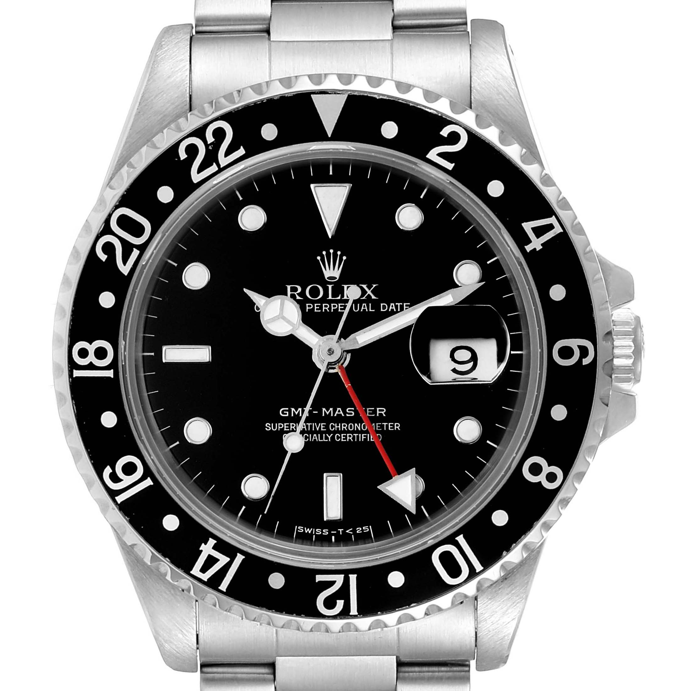 The image shows a front view of the Rolex GMT-Master 16700 Men's Stainless Steel Black Dial 16700 Men's Stainless Steel Black Dial watch, displaying the dial, bezel, date window, and part of the bracelet.