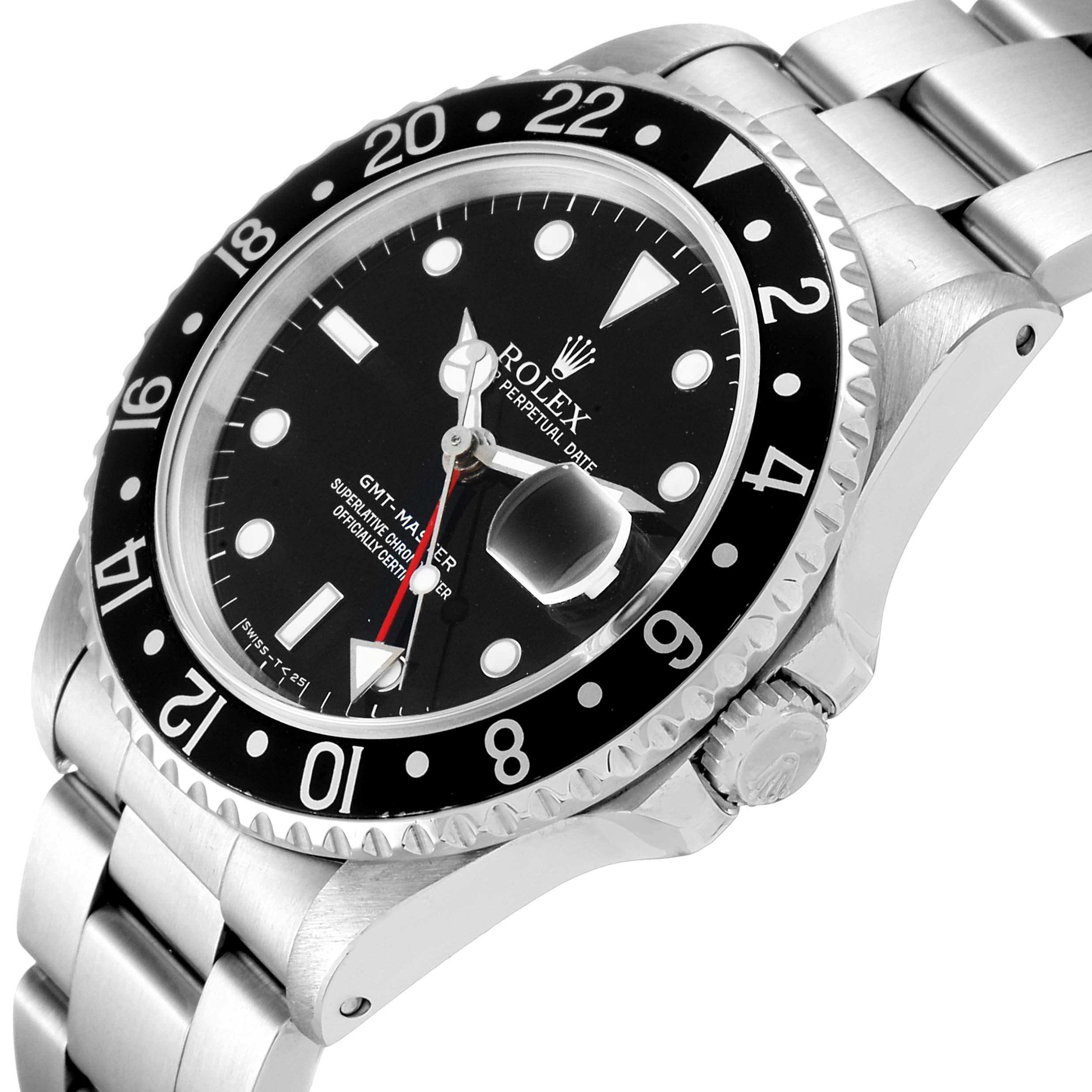 The image shows a close-up, angled view of the face and side of a Rolex GMT-Master 16700 Men's Stainless Steel Black Dial 16700 Men's Stainless Steel Black Dial watch, highlighting its bezel, dial, and bracelet.