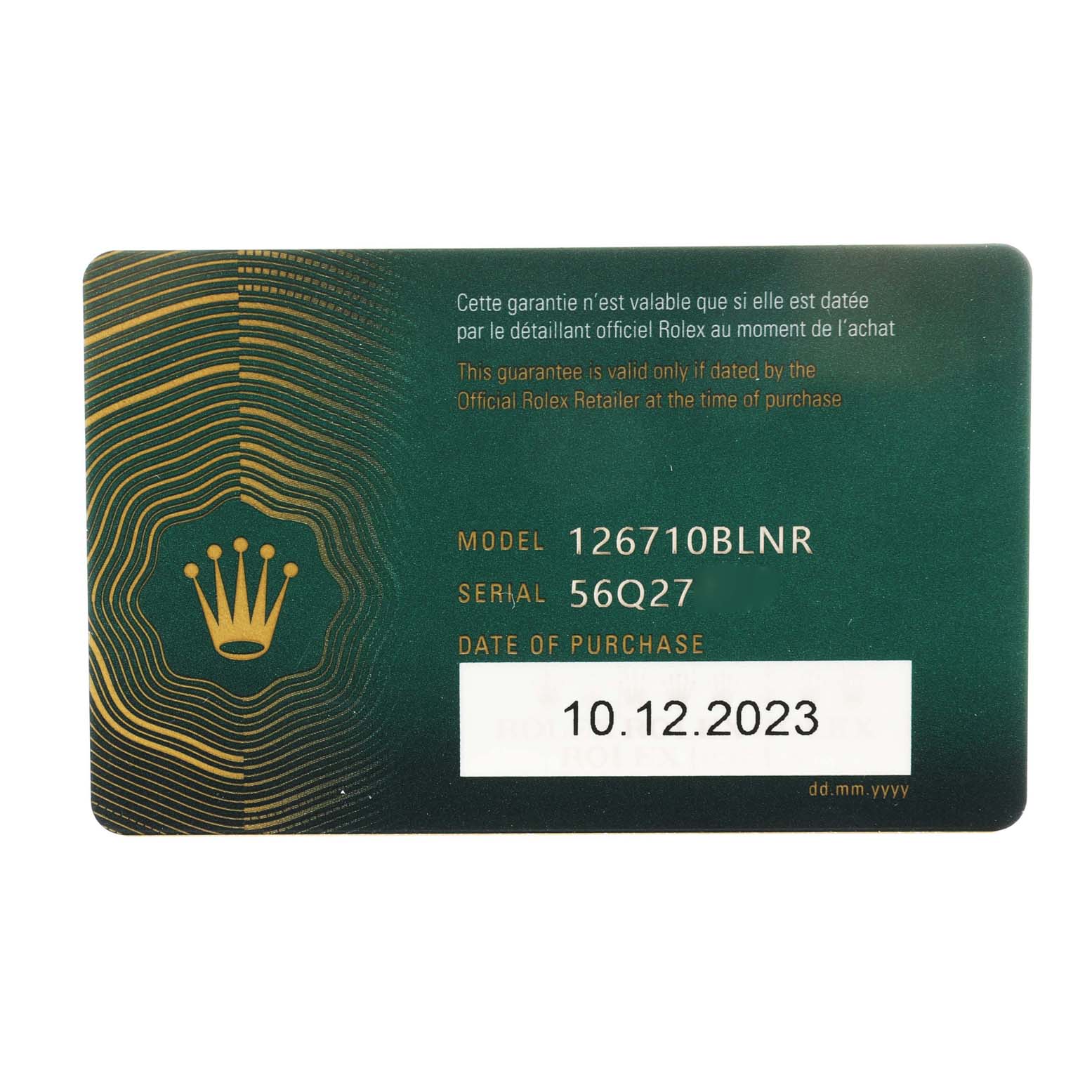 This is a warranty card for the Rolex GMT-Master 126710BLNR Men
s Stainless Steel Black Dial 126710BLNR Men
s Stainless Steel Black Dial model 126710BLNR, showing the serial number and date of purchase.