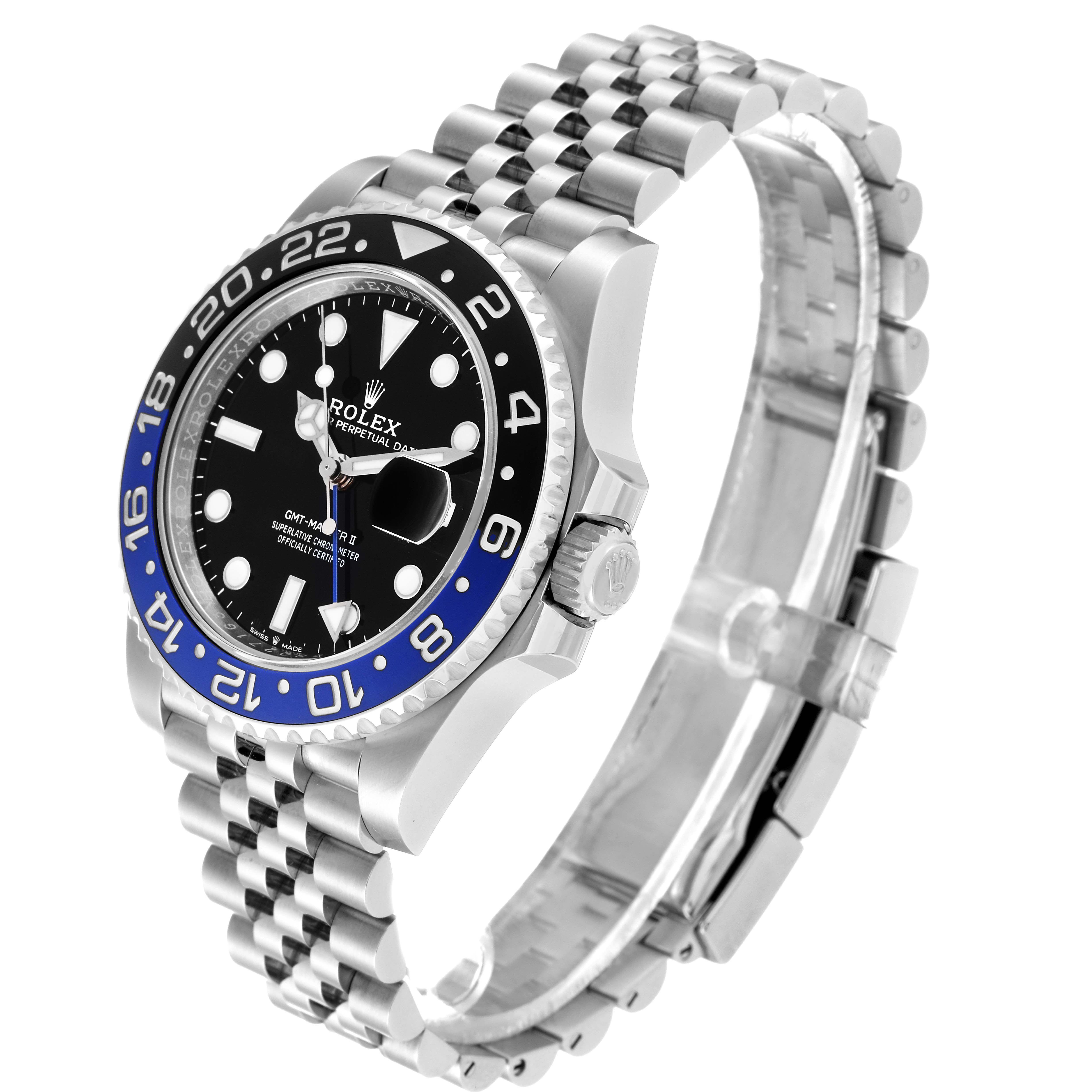 The image shows a Rolex GMT-Master 126710BLNR Men
s Stainless Steel Black Dial 126710BLNR Men
s Stainless Steel Black Dial watch at a slight angle, displaying its face, bezel, crown, and bracelet.