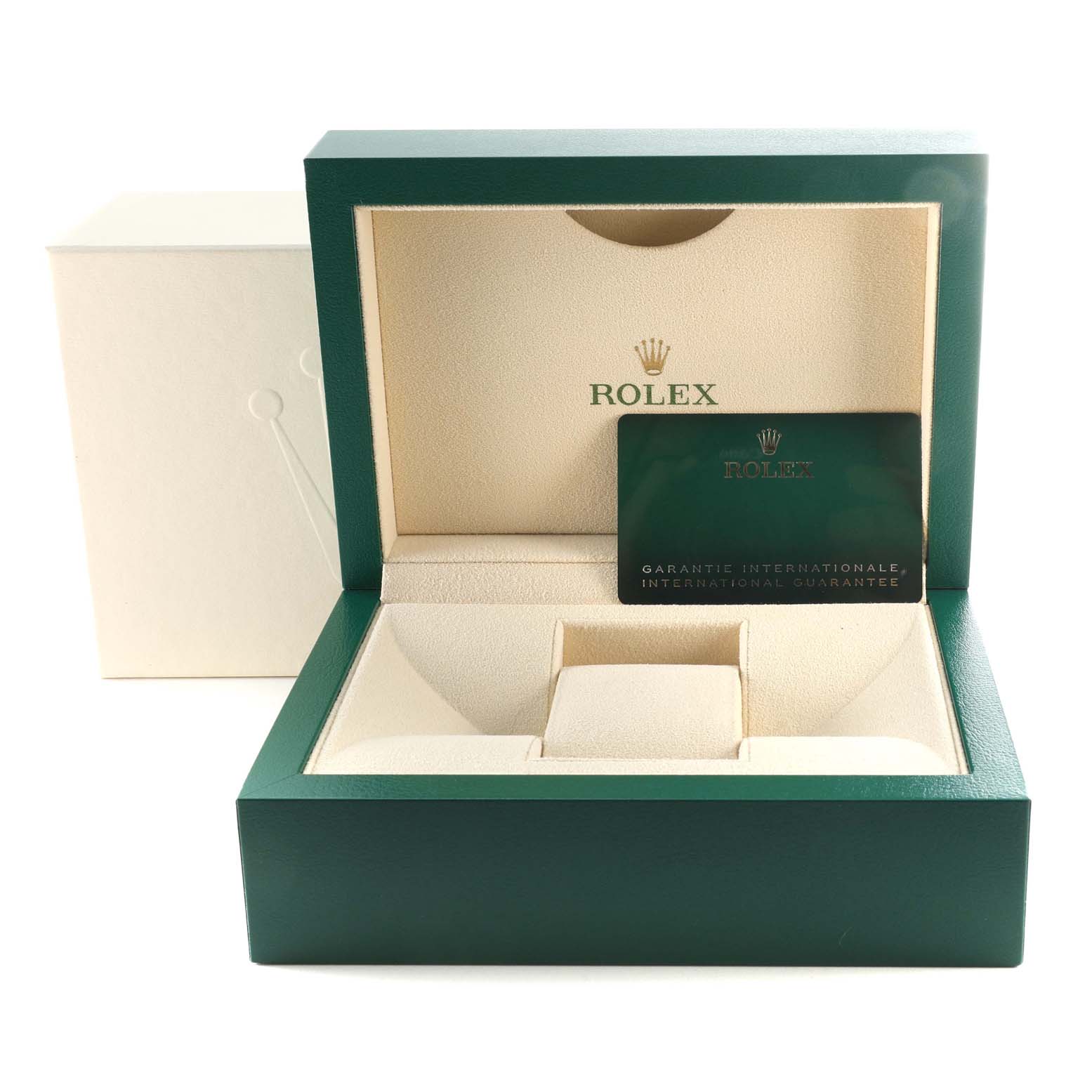 The image shows an open Rolex GMT-Master 126710BLNR Men
s Stainless Steel Black Dial 126710BLNR Men
s Stainless Steel Black Dial watch box, featuring the inner packaging and international guarantee card.