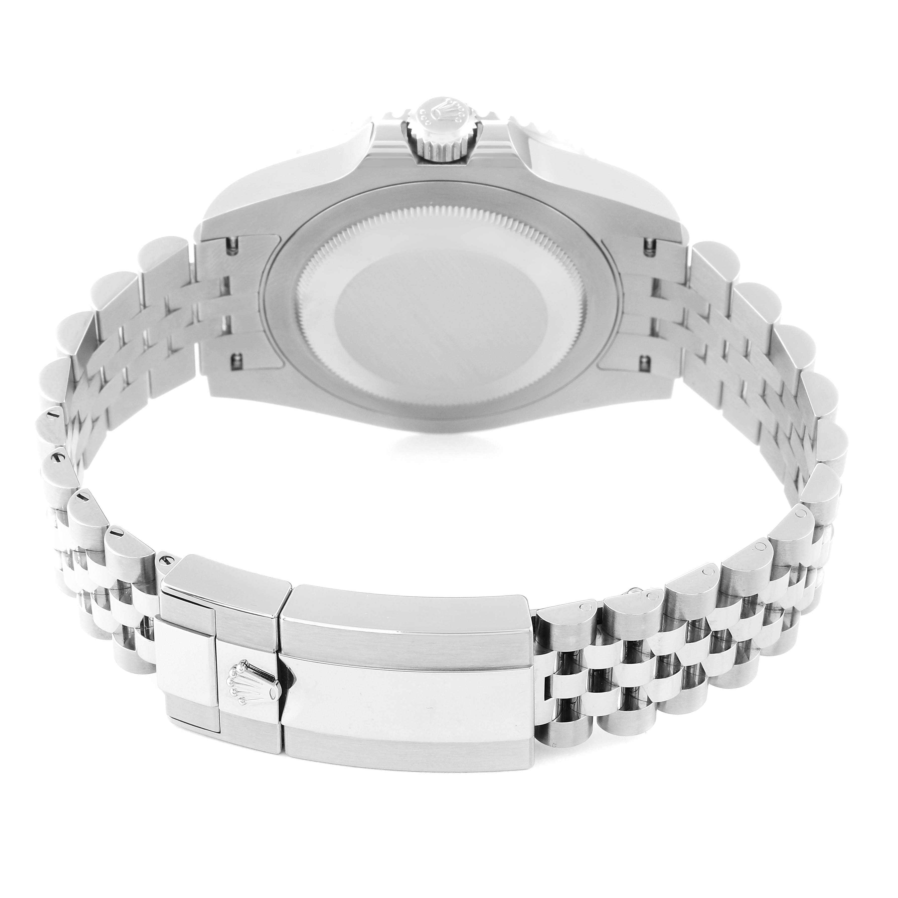 The image shows the back view of a Rolex GMT-Master 126710BLNR Men
s Stainless Steel Black Dial 126710BLNR Men
s Stainless Steel Black Dial, featuring its case back, crown, and Jubilee bracelet with clasp.