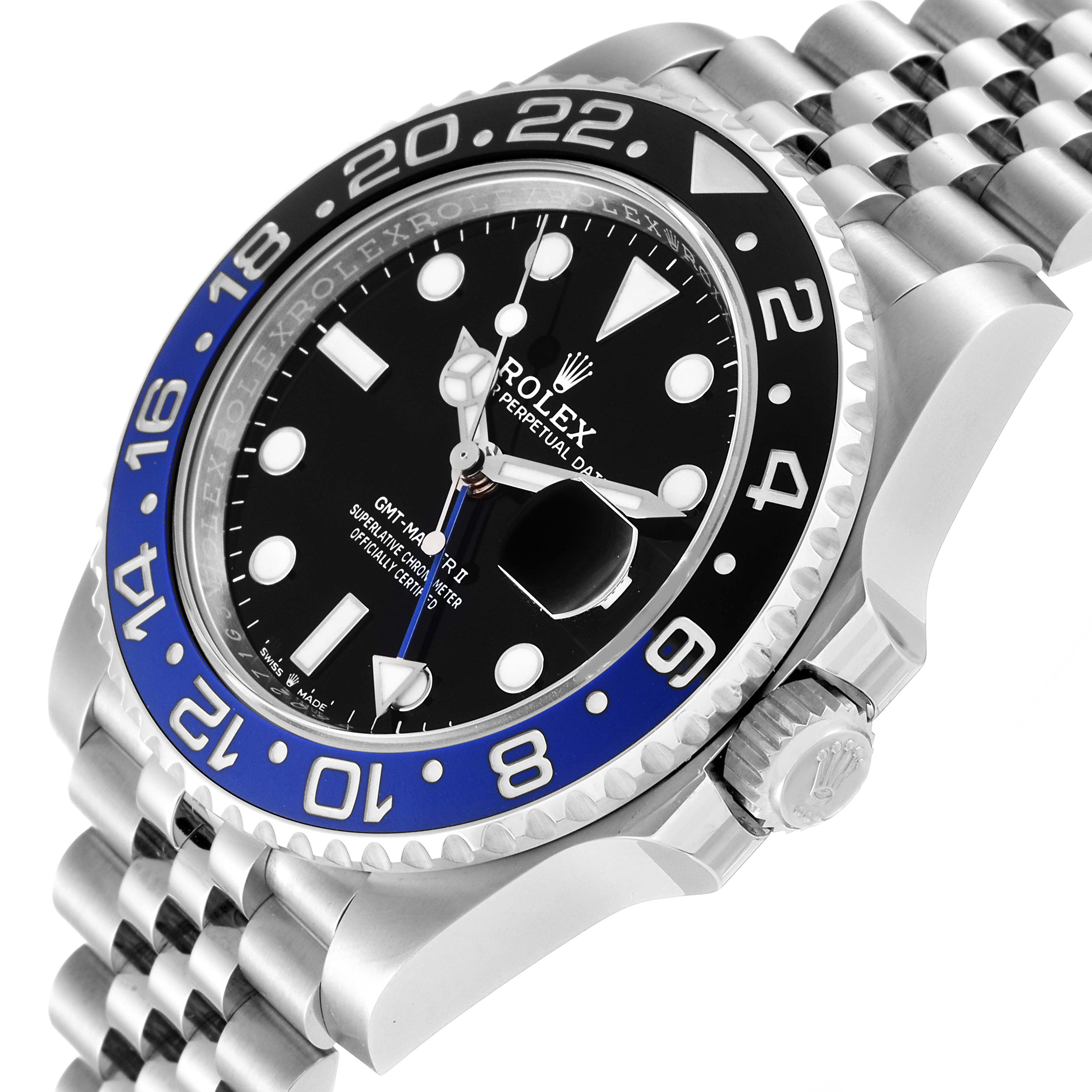 The image shows a close-up side view of the Rolex GMT-Master 126710BLNR Men
s Stainless Steel Black Dial 126710BLNR Men
s Stainless Steel Black Dial II watch, highlighting its bezel, dial, crown, and part of the bracelet.