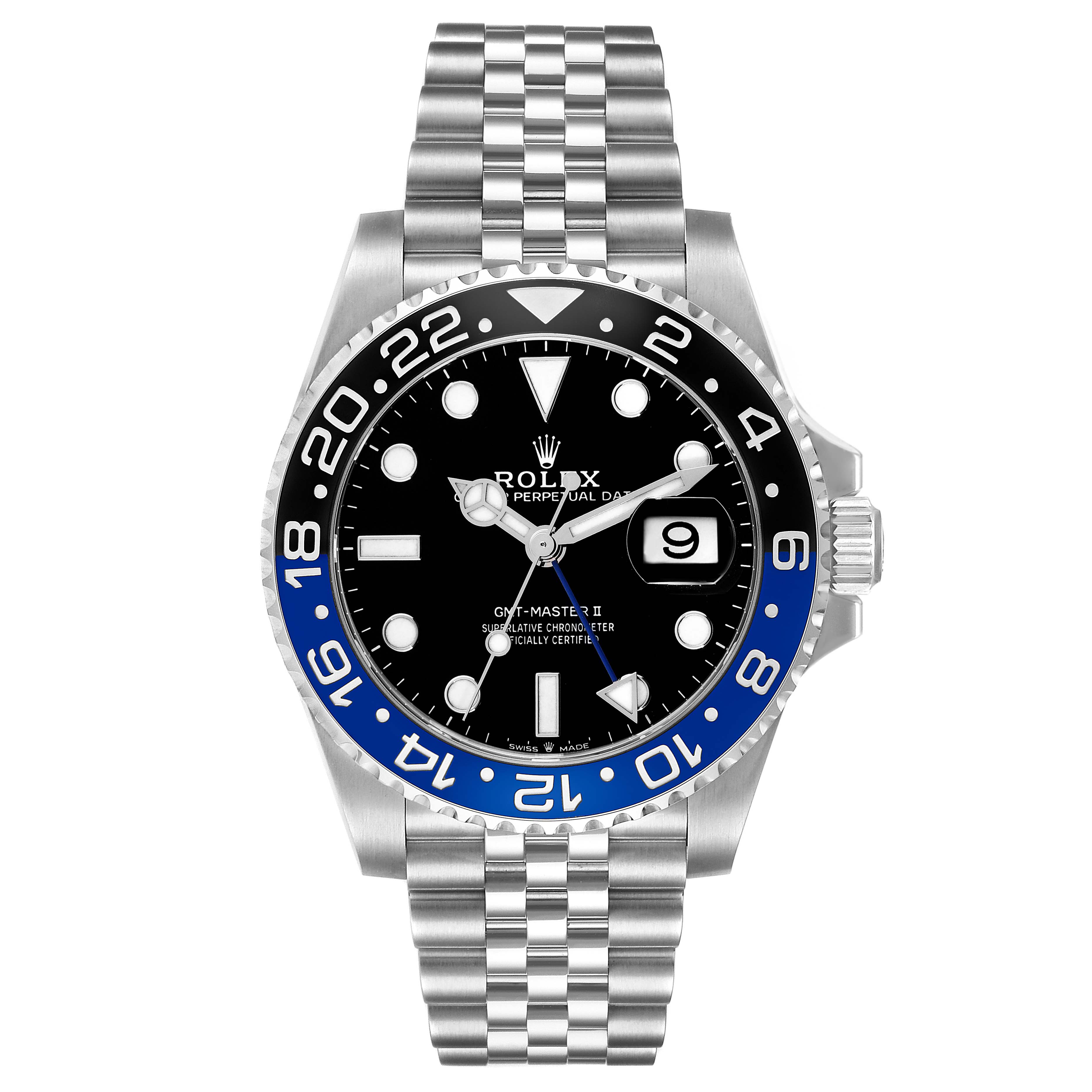 The Rolex GMT-Master 126710BLNR Men
s Stainless Steel Black Dial 126710BLNR Men
s Stainless Steel Black Dial watch is shown from the front, displaying its face, bezel, and steel bracelet.